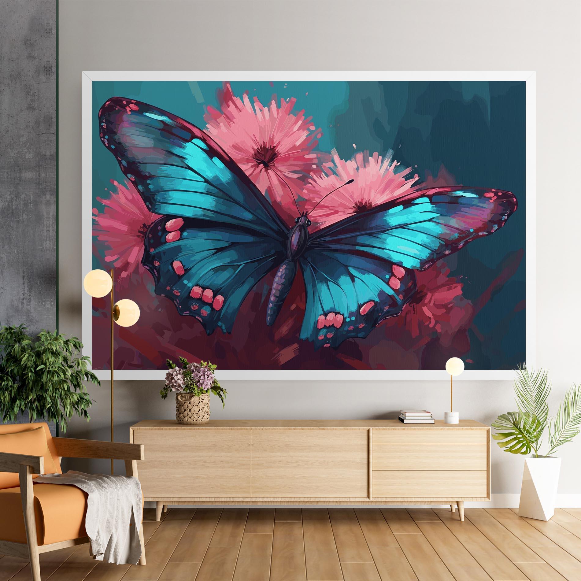 Leinwandbild Blue Butterfly On Pink mockup 9