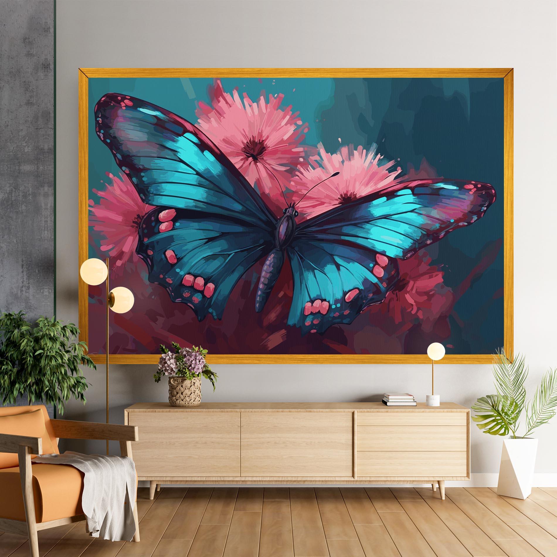 Leinwandbild Blue Butterfly On Pink mockup 9