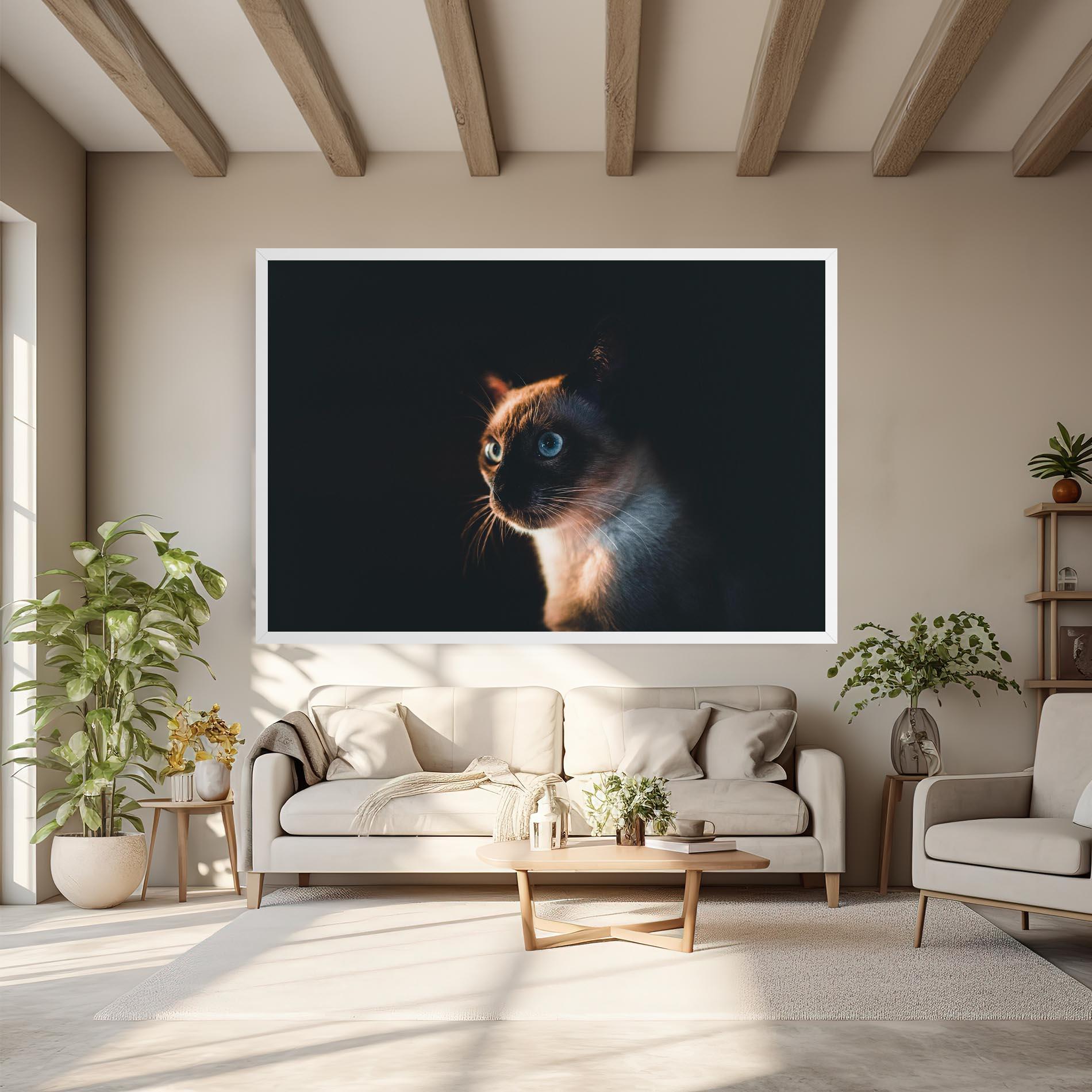 Leinwandbild Blue Eyes Cat In Dark mockup 6