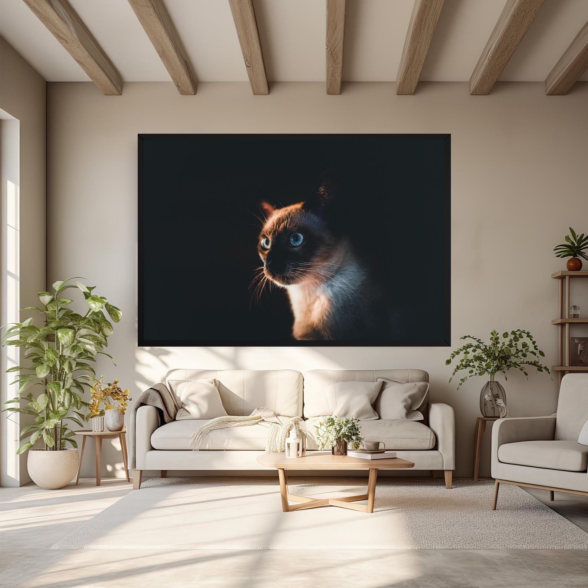 Leinwandbild Blue Eyes Cat In Dark mockup 6