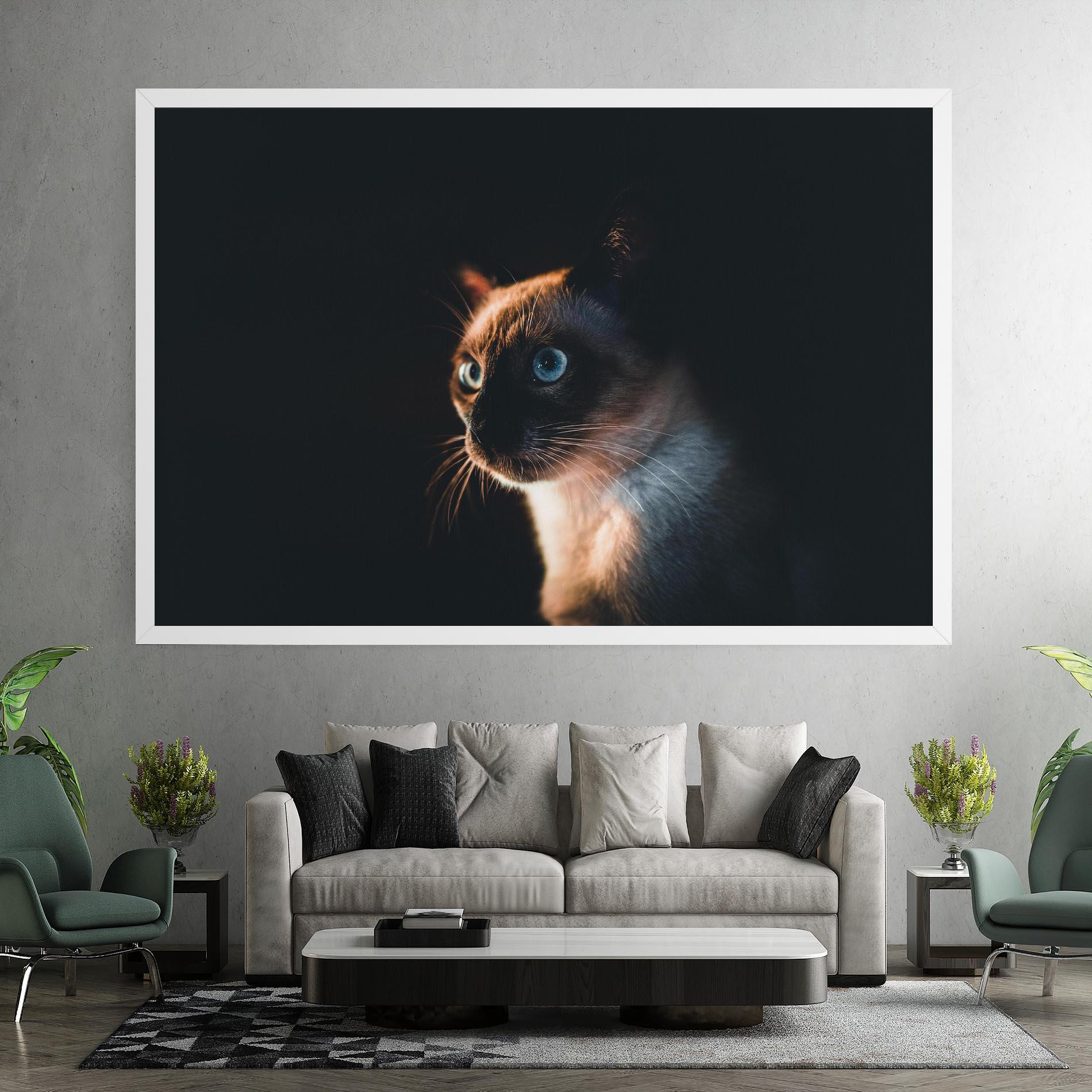 Leinwandbild Blue Eyes Cat In Dark mockup 7