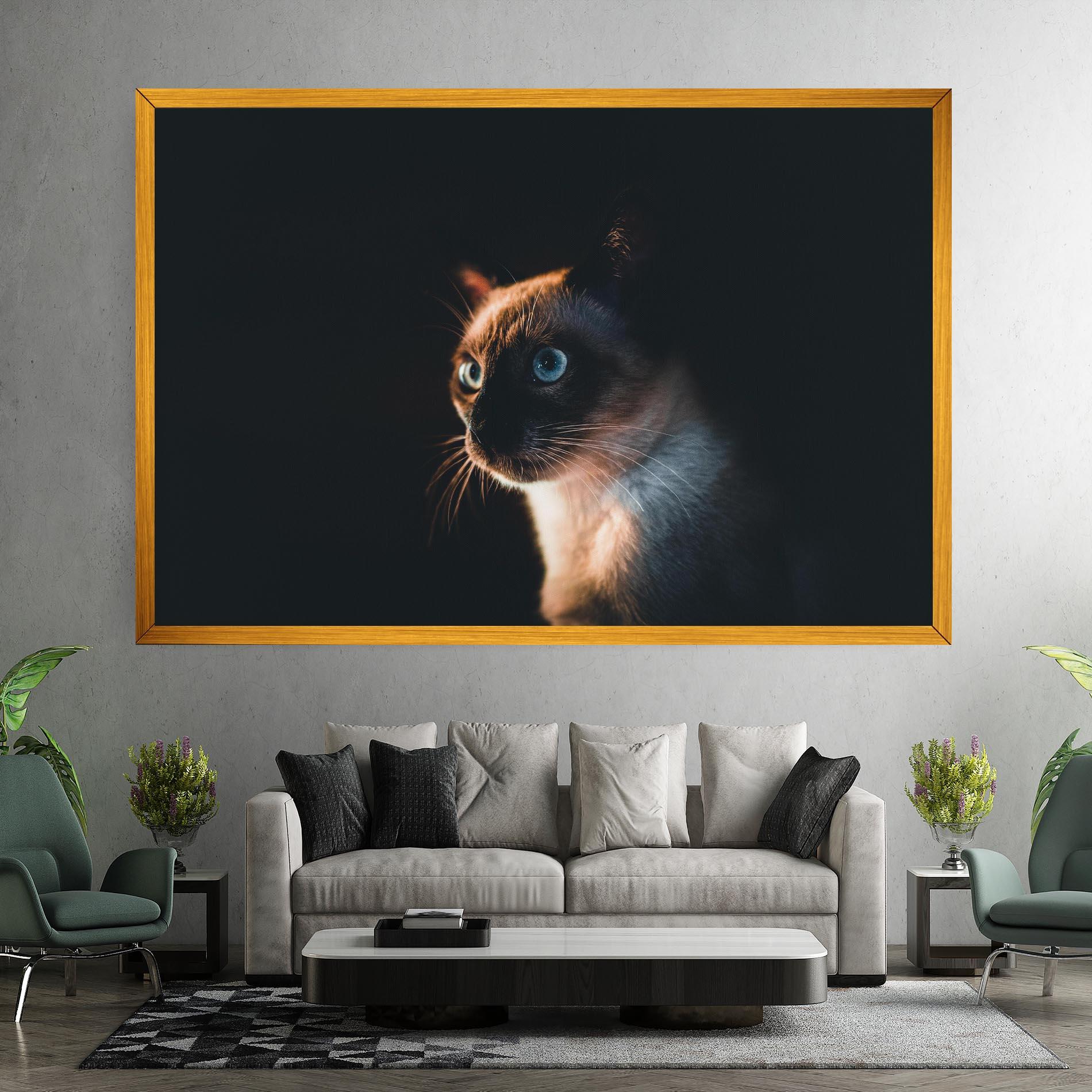 Leinwandbild Blue Eyes Cat In Dark mockup 7