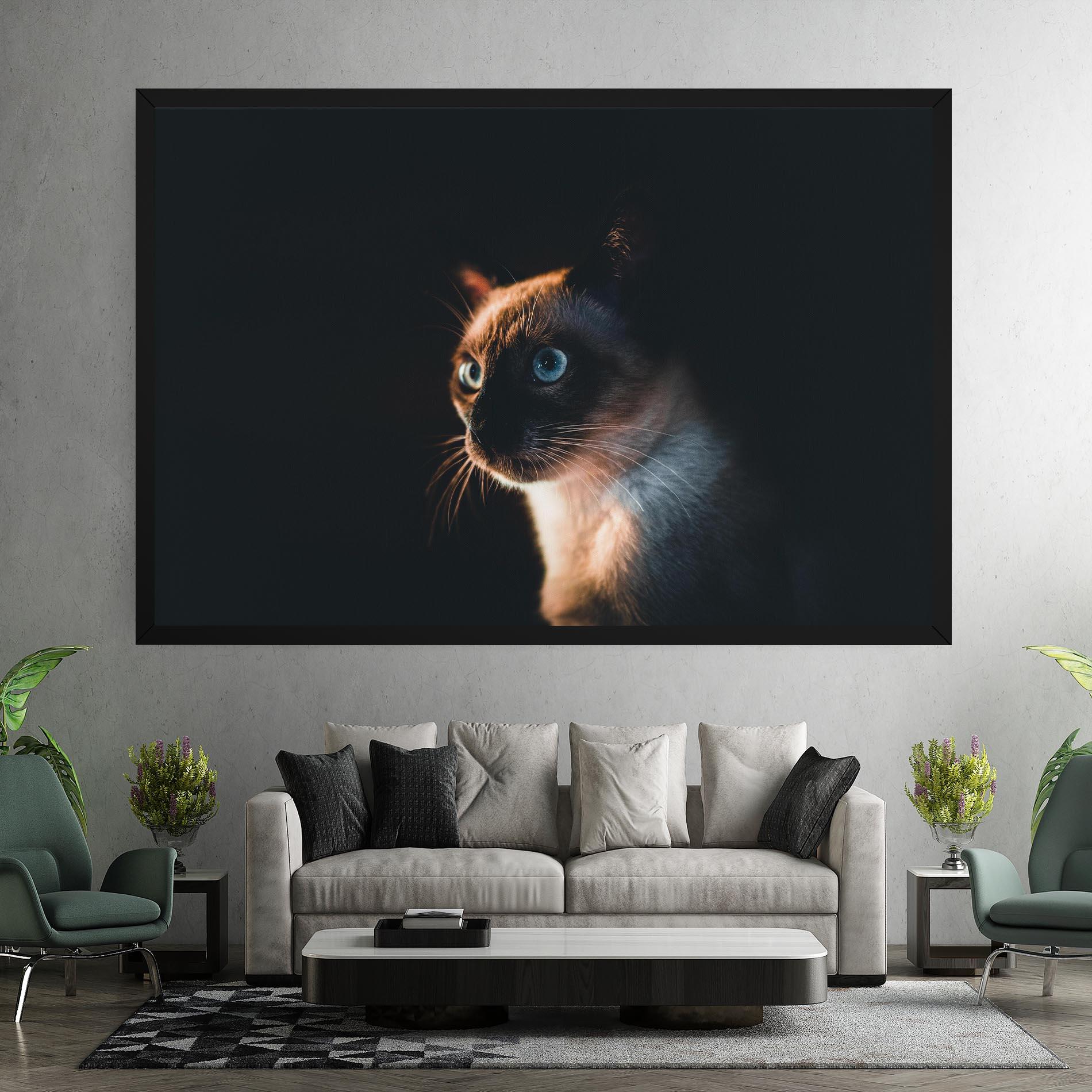 Leinwandbild Blue Eyes Cat In Dark mockup 7