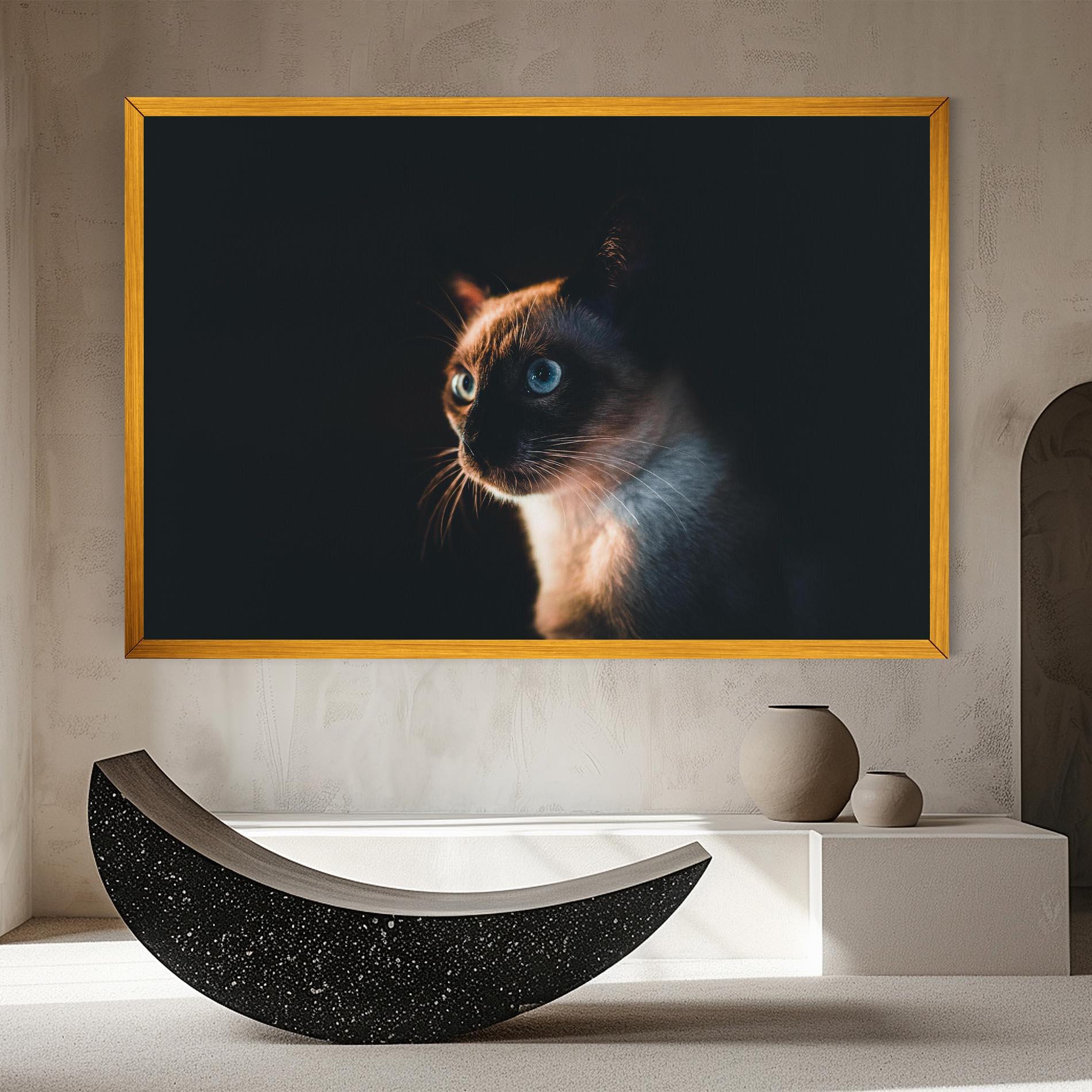 Leinwandbild Blue Eyes Cat In Dark mockup 8