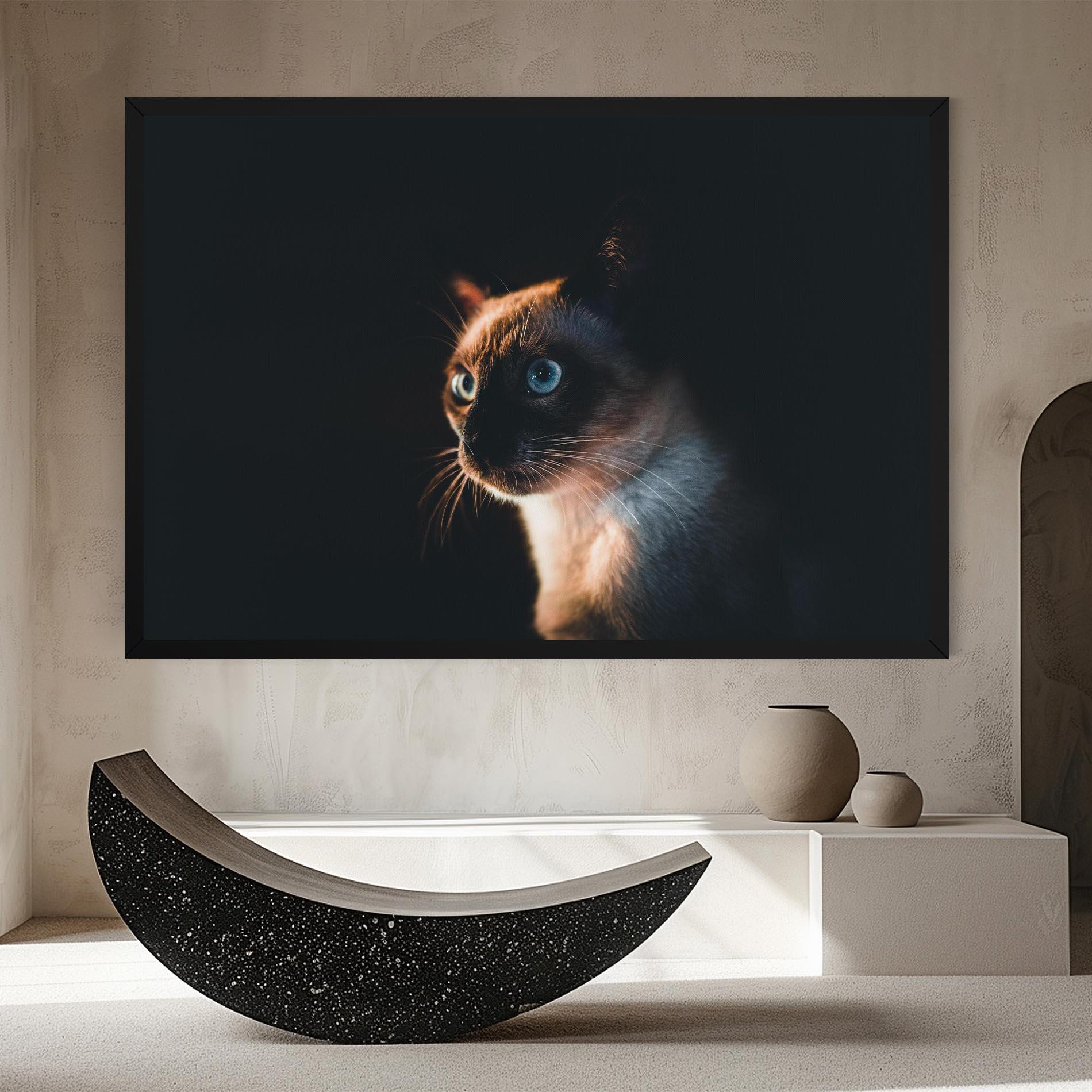 Leinwandbild Blue Eyes Cat In Dark mockup 8