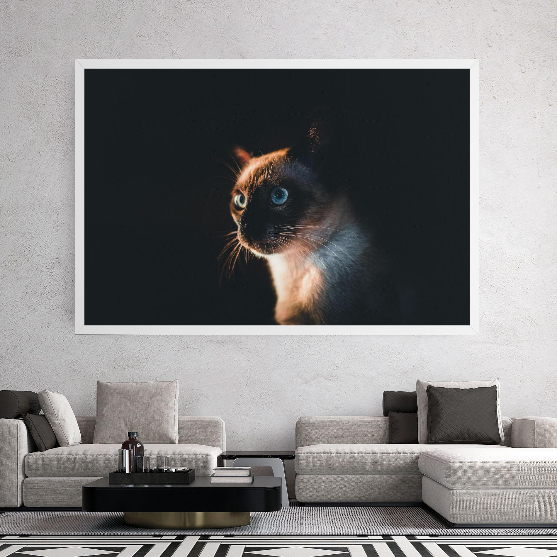 Leinwandbild Blue Eyes Cat In Dark mockup 2