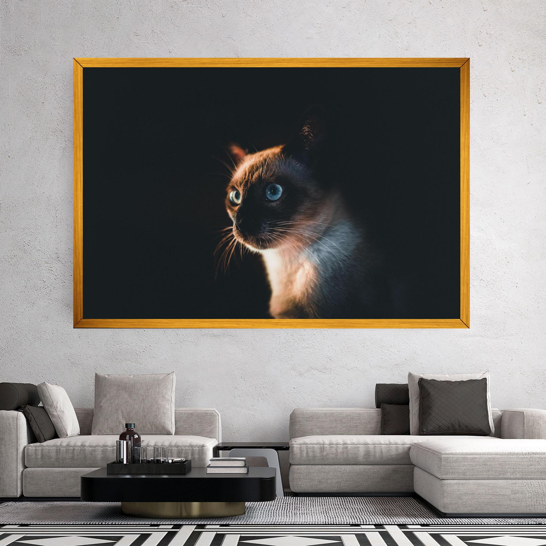 Leinwandbild Blue Eyes Cat In Dark mockup 2
