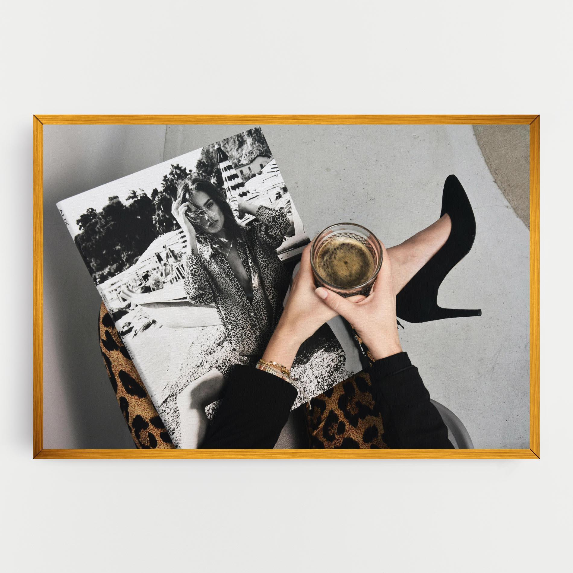 Leinwandbild Black Shoes Holding Coffee mockup 0