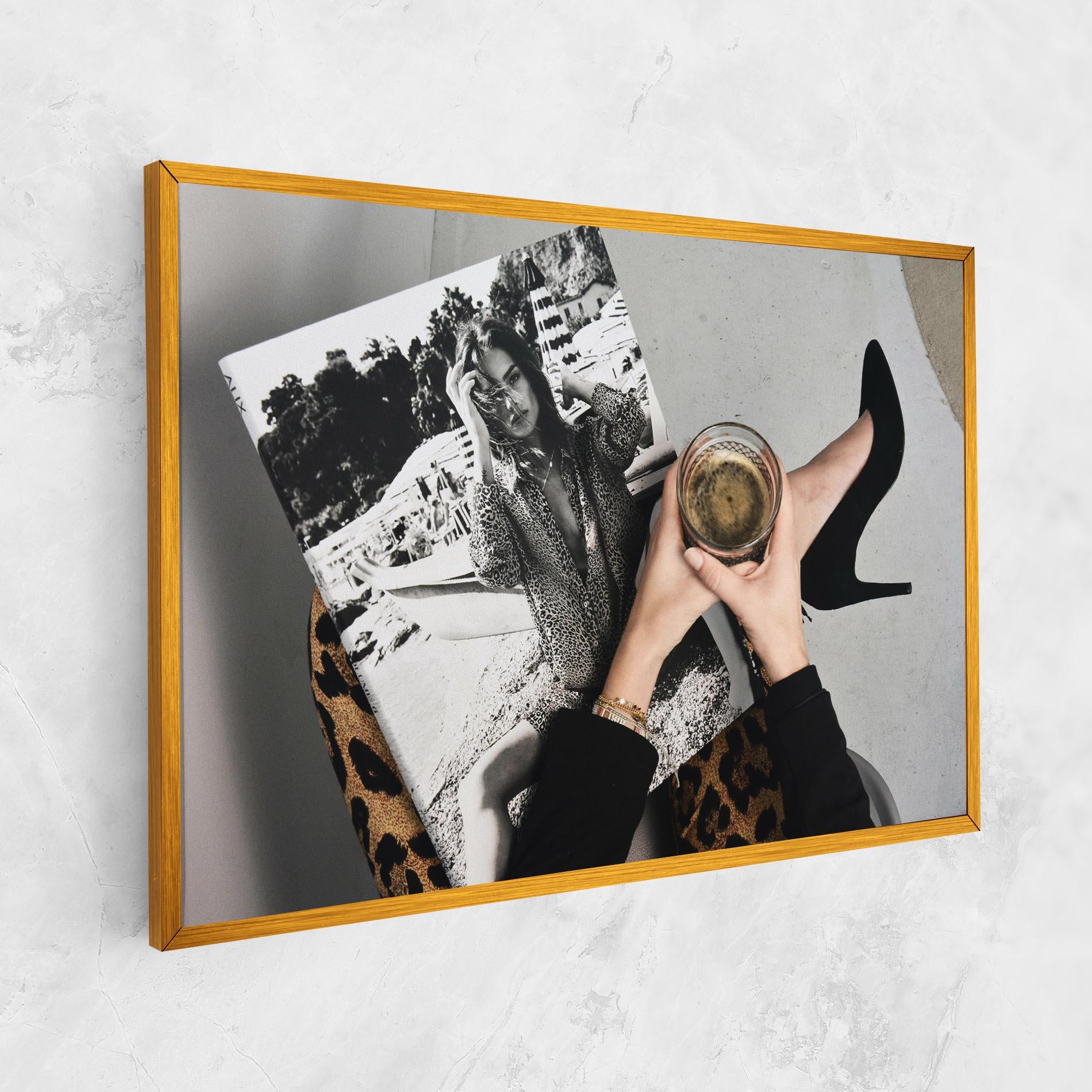 Leinwandbild Black Shoes Holding Coffee mockup 1