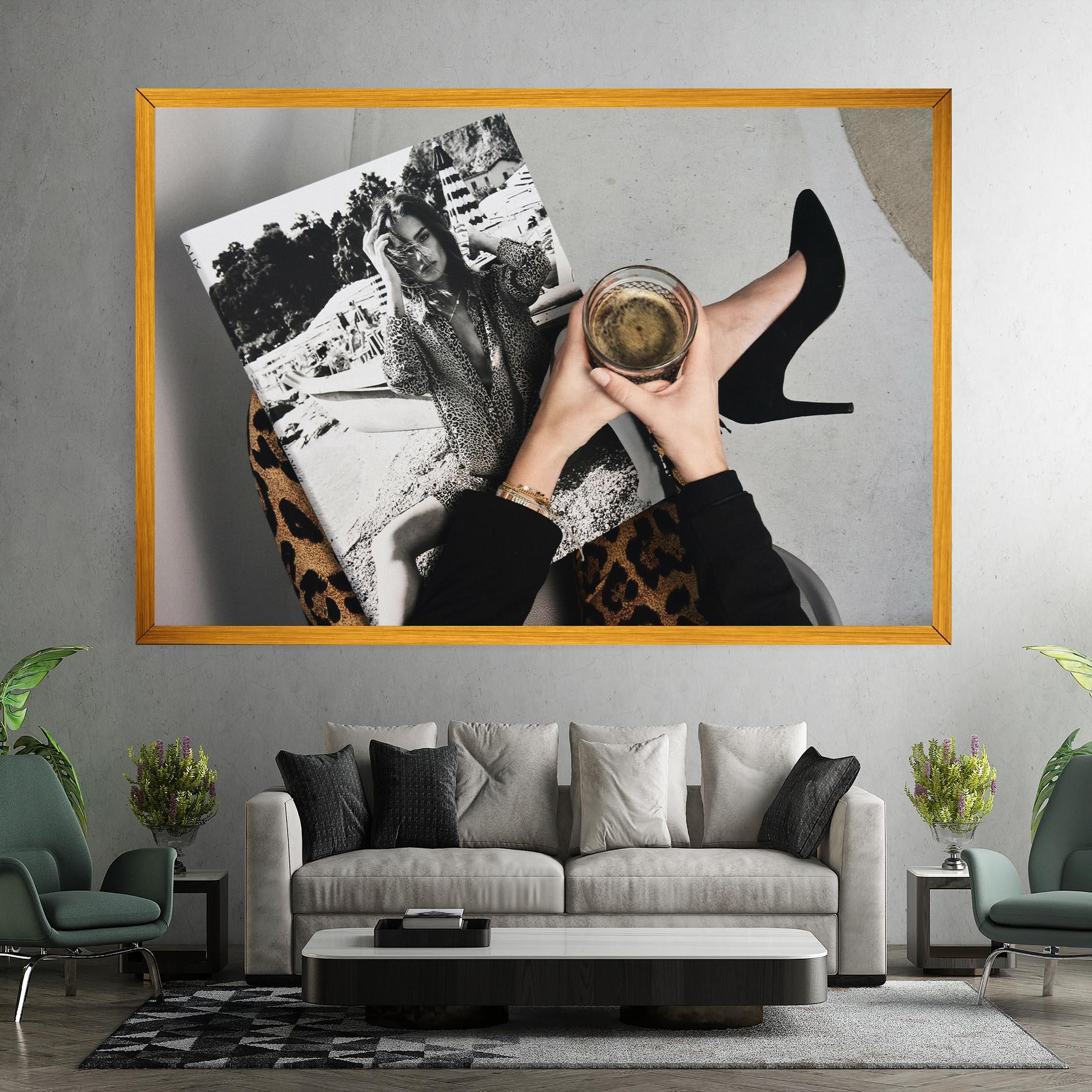 Leinwandbild Black Shoes Holding Coffee mockup 7