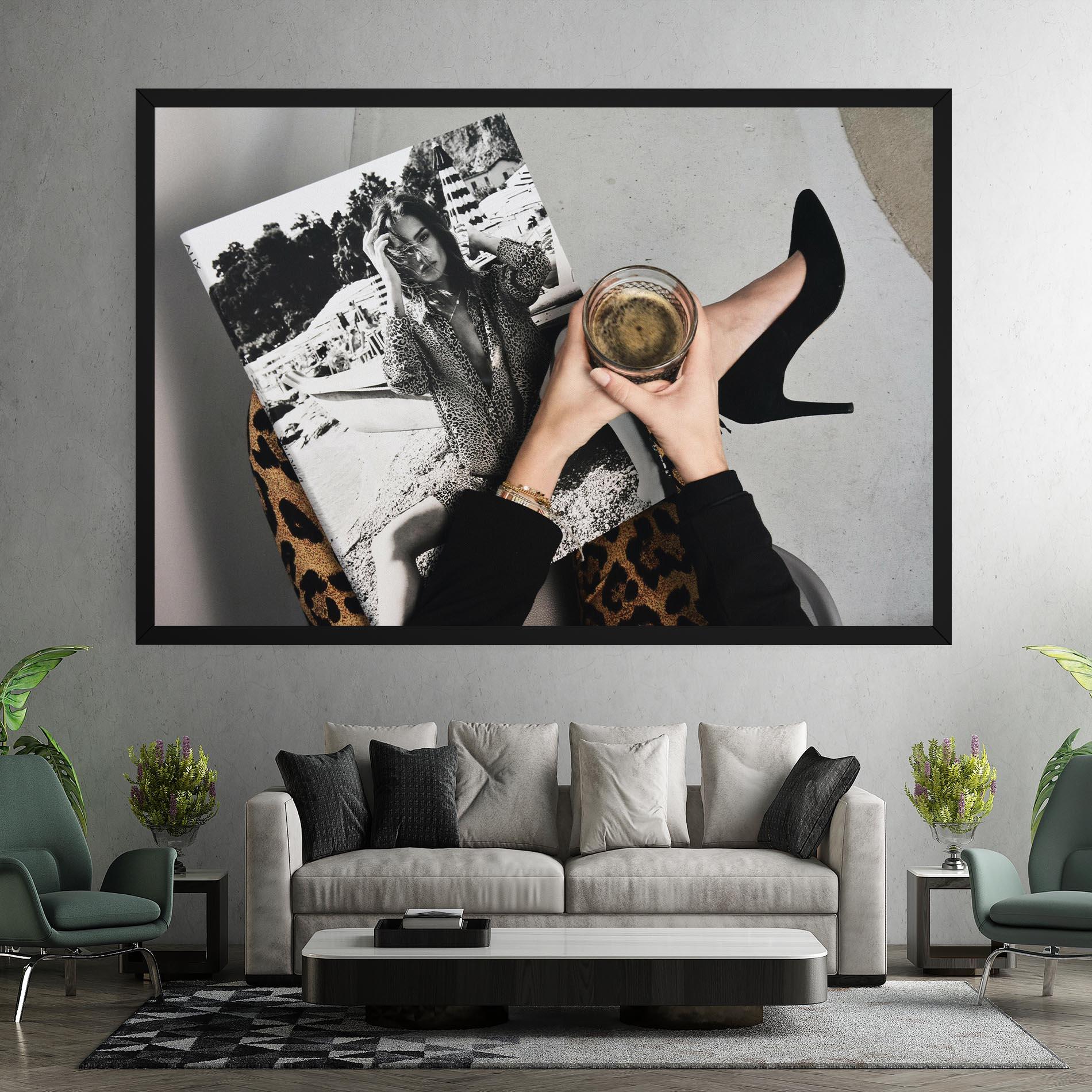 Leinwandbild Black Shoes Holding Coffee mockup 7