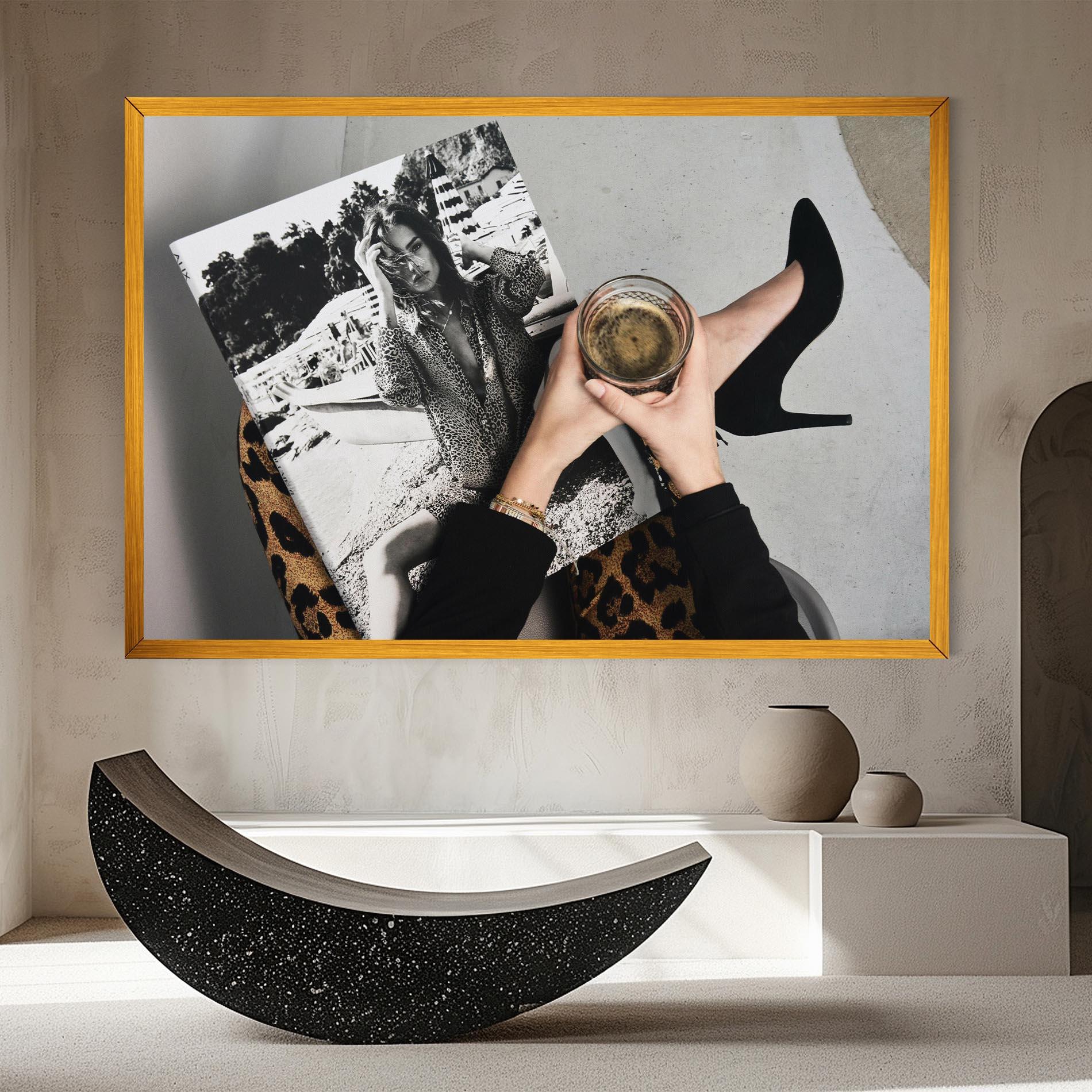 Leinwandbild Black Shoes Holding Coffee mockup 8