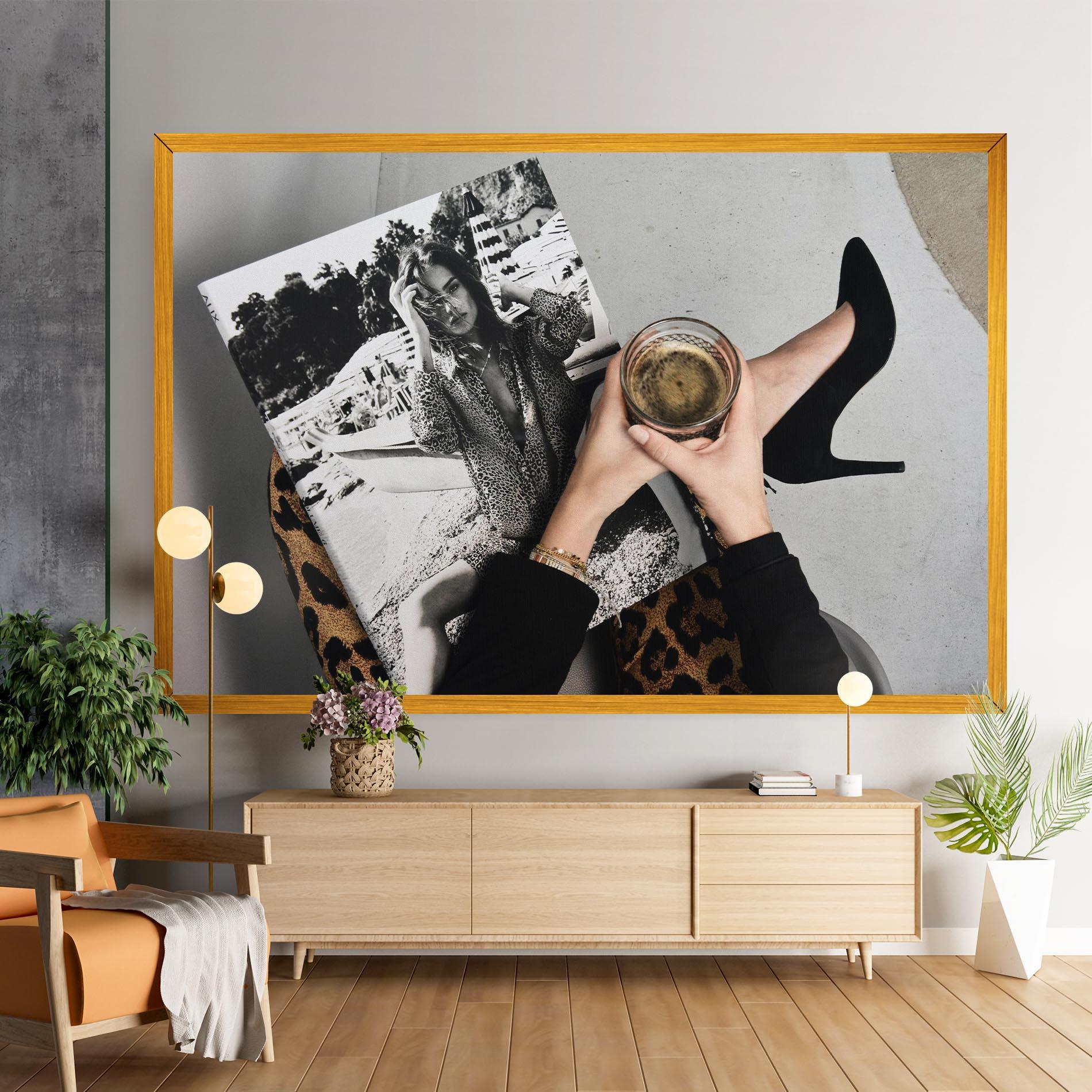 Leinwandbild Black Shoes Holding Coffee mockup 9