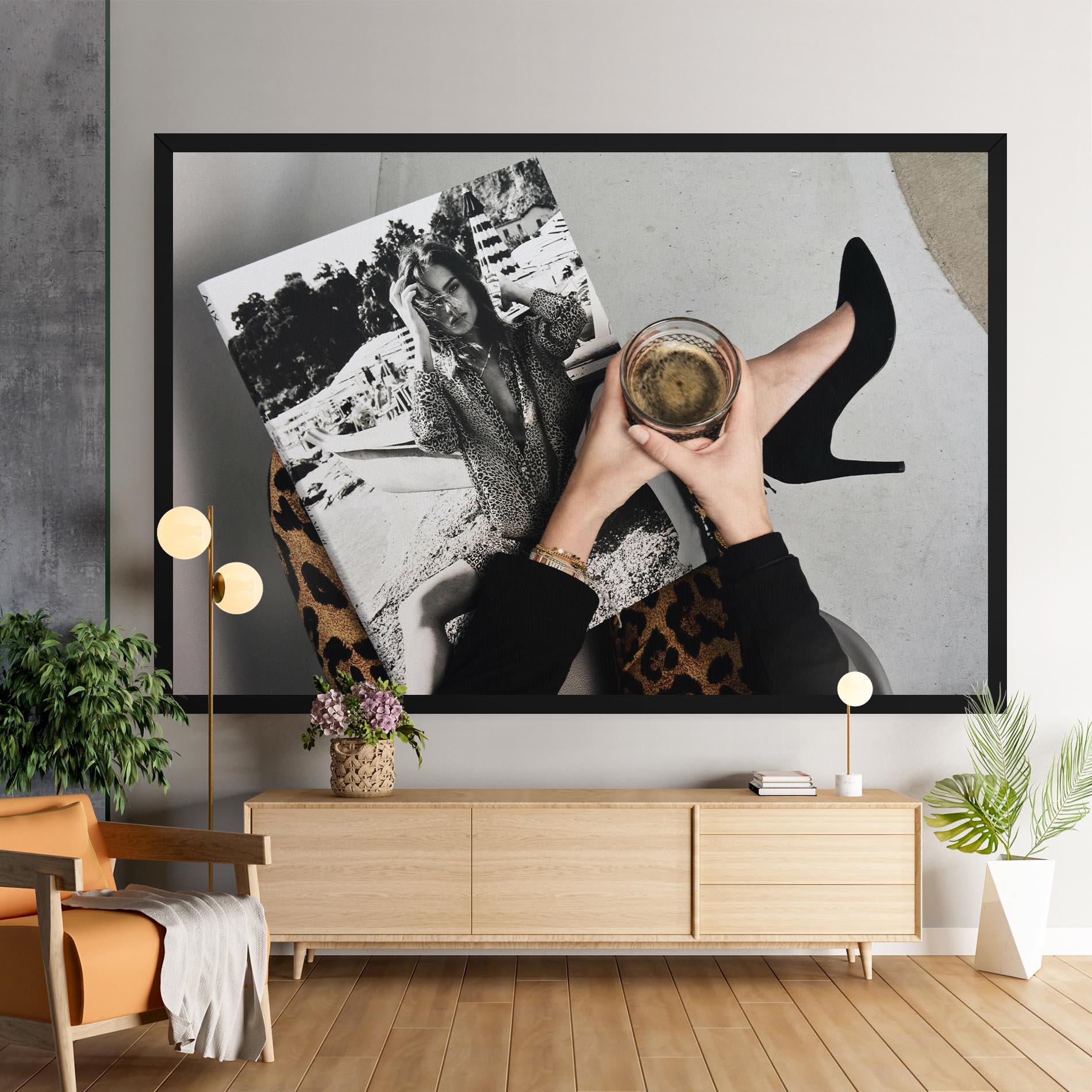 Leinwandbild Black Shoes Holding Coffee mockup 9