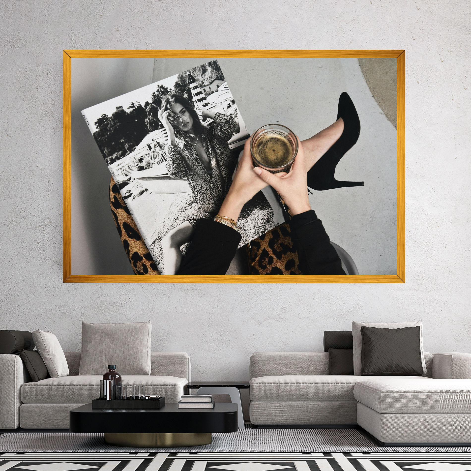 Leinwandbild Black Shoes Holding Coffee mockup 2