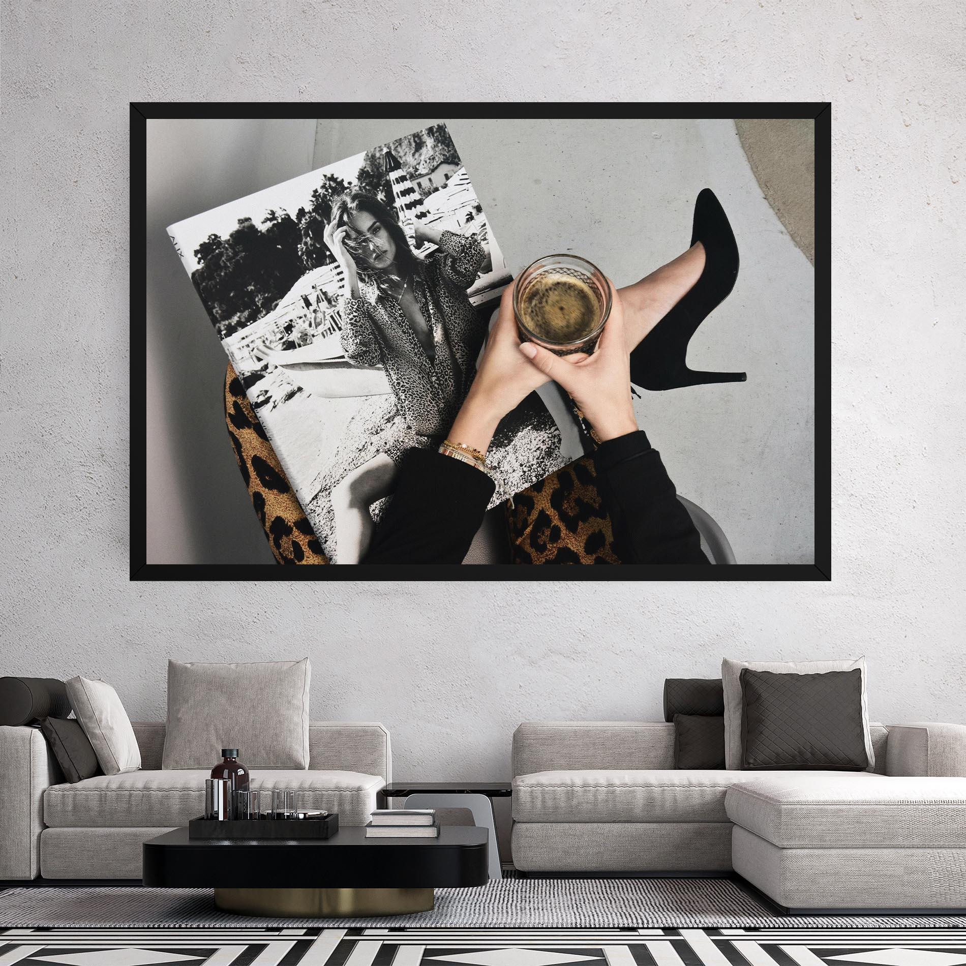 Leinwandbild Black Shoes Holding Coffee mockup 2