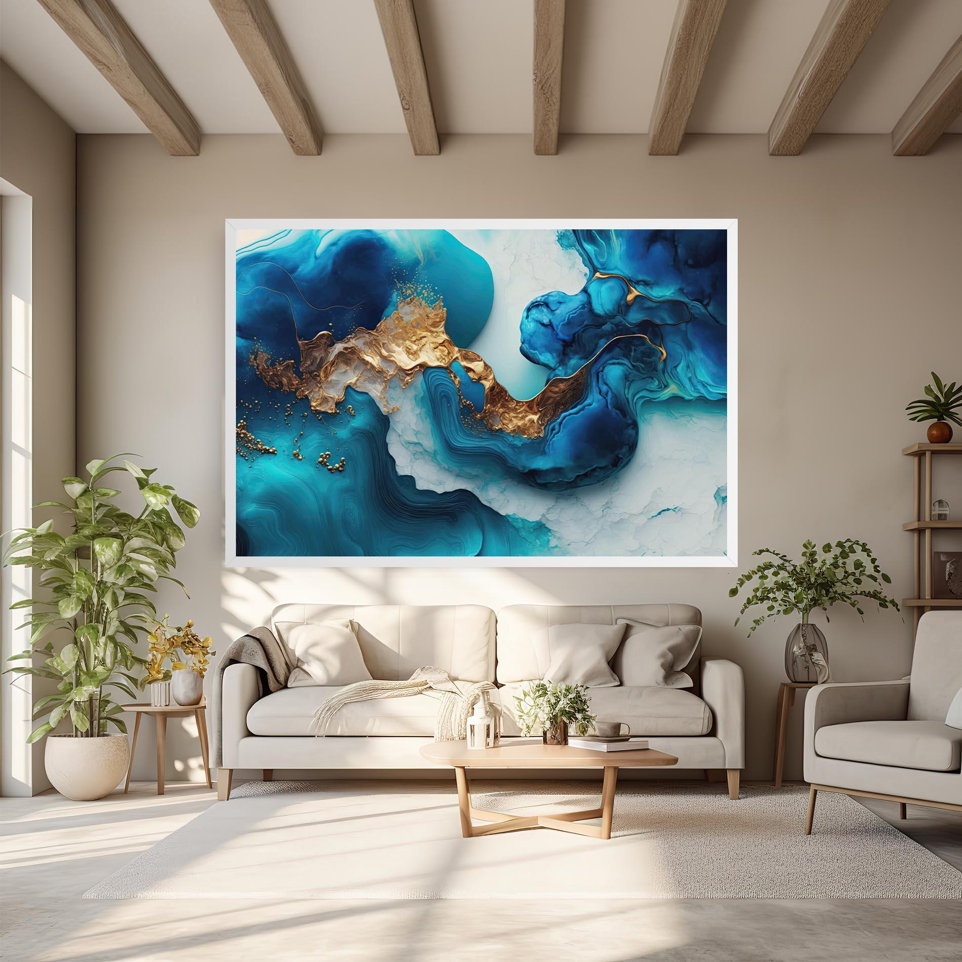 Leinwandbild Gold Blue Art Wave mockup 6