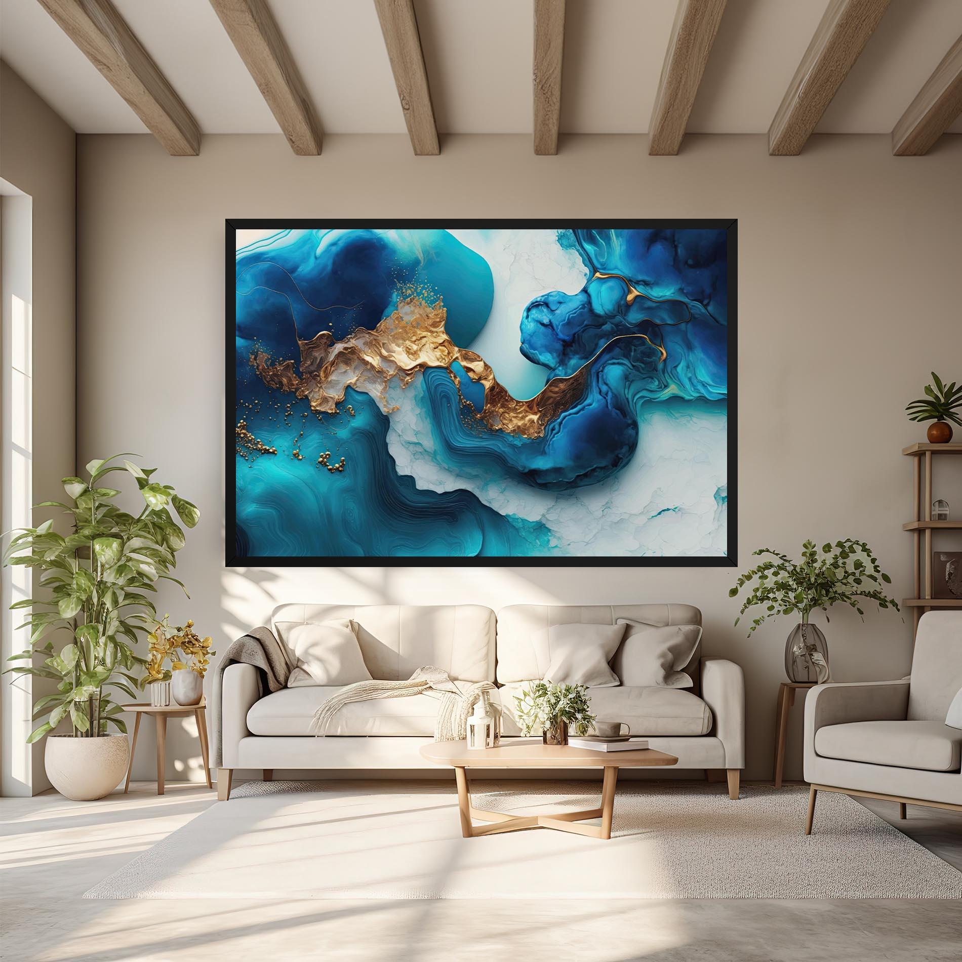 Leinwandbild Gold Blue Art Wave mockup 6