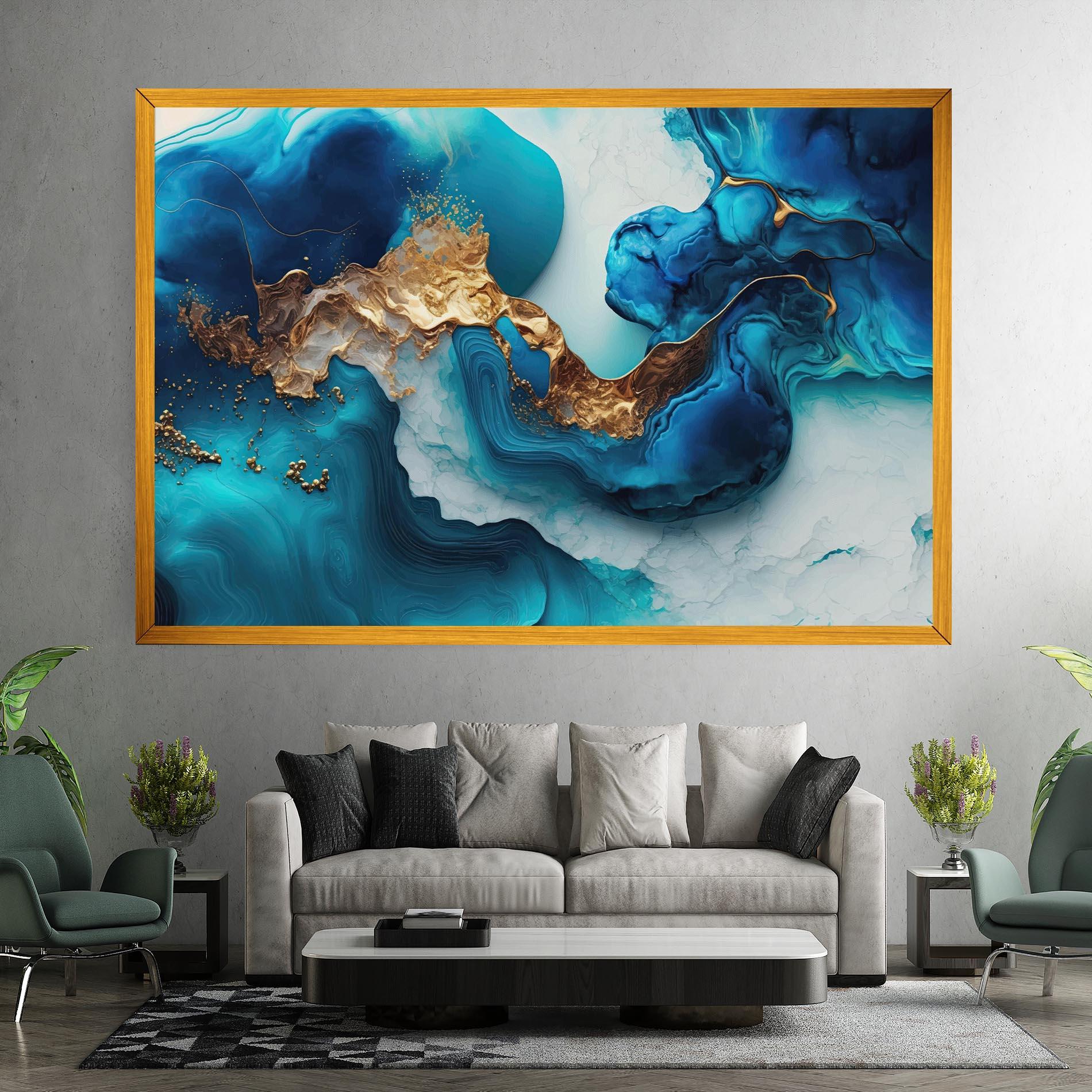 Leinwandbild Gold Blue Art Wave mockup 7