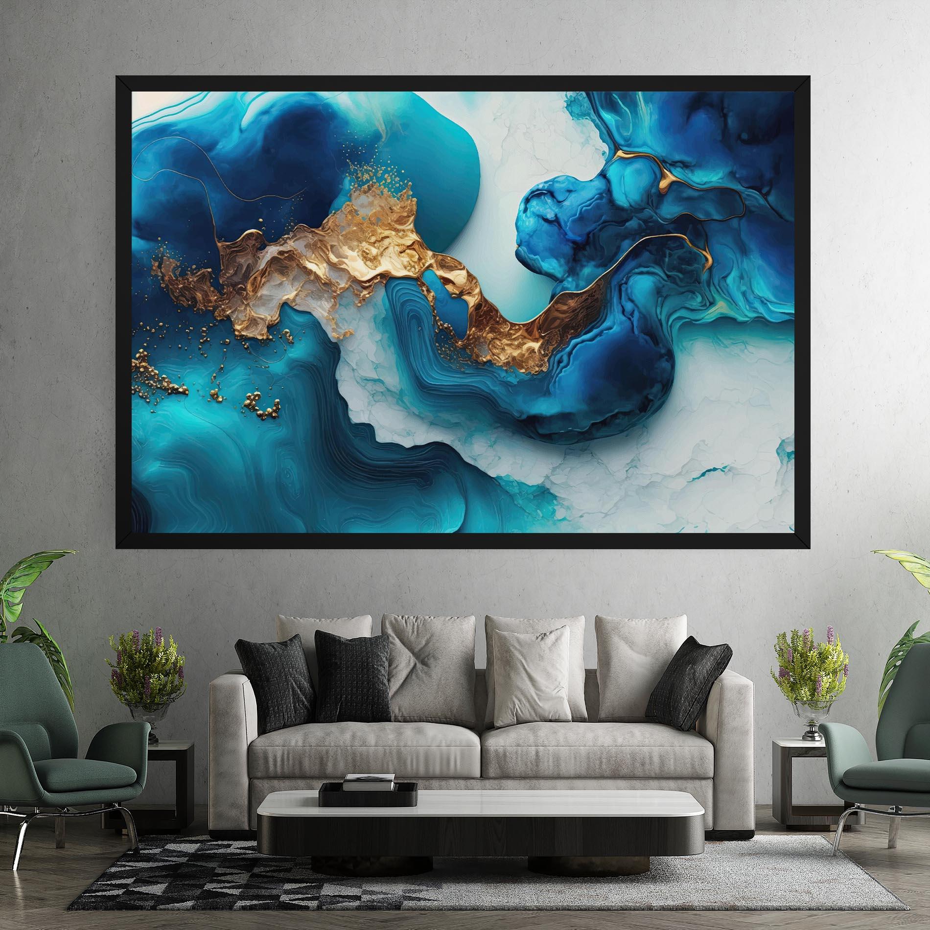 Leinwandbild Gold Blue Art Wave mockup 7