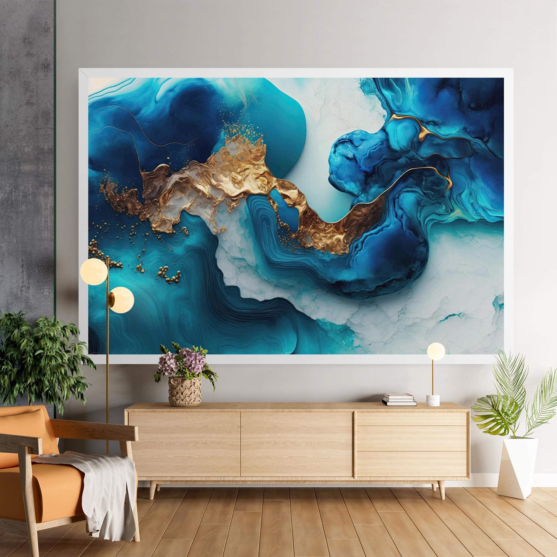 Leinwandbild Gold Blue Art Wave mockup 9
