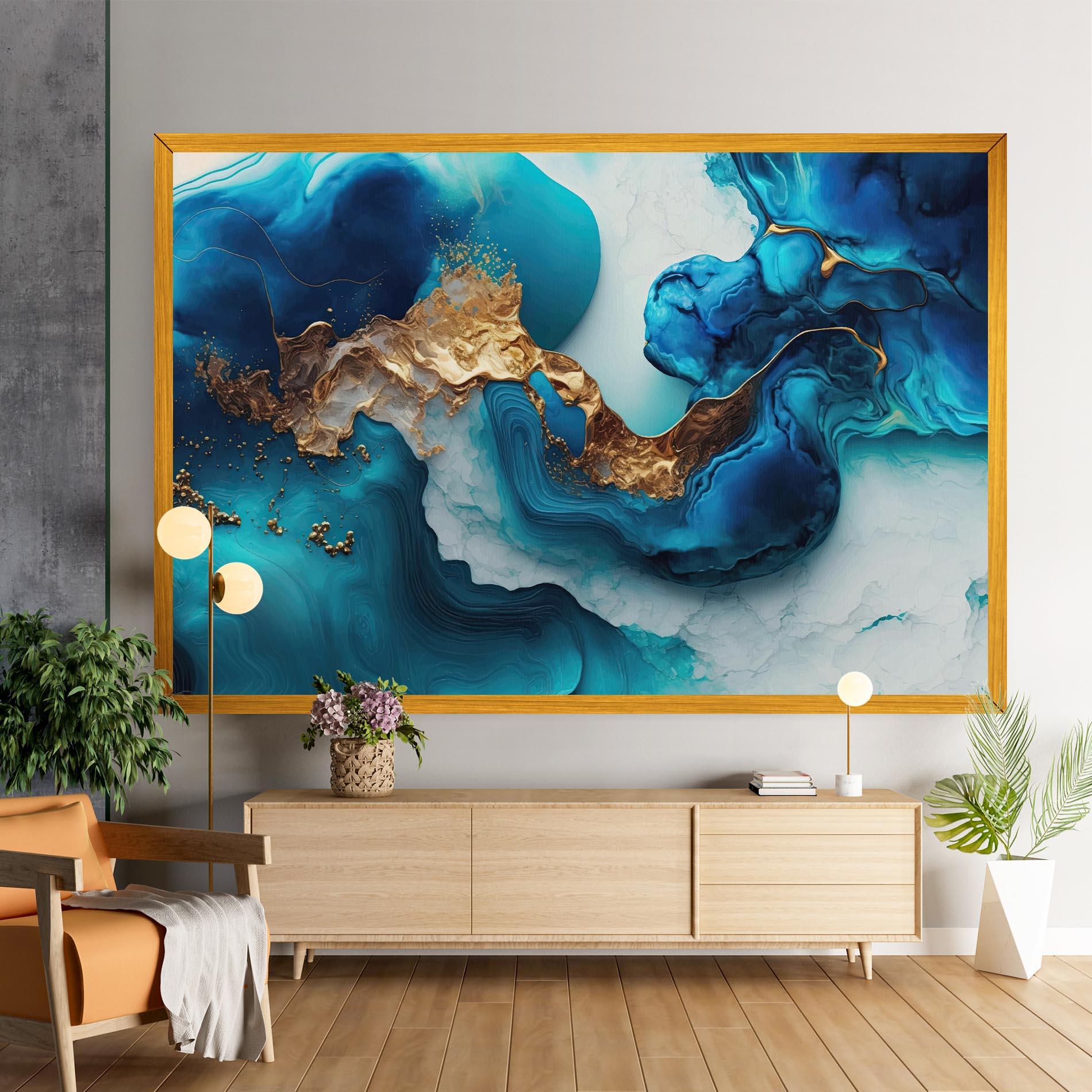 Leinwandbild Gold Blue Art Wave mockup 9