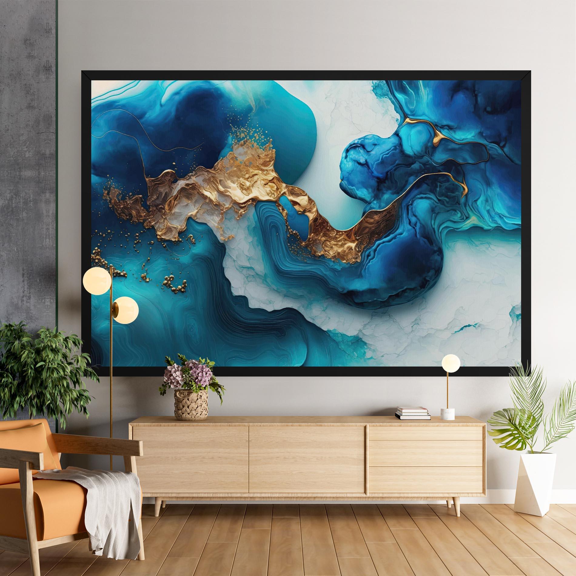 Leinwandbild Gold Blue Art Wave mockup 9