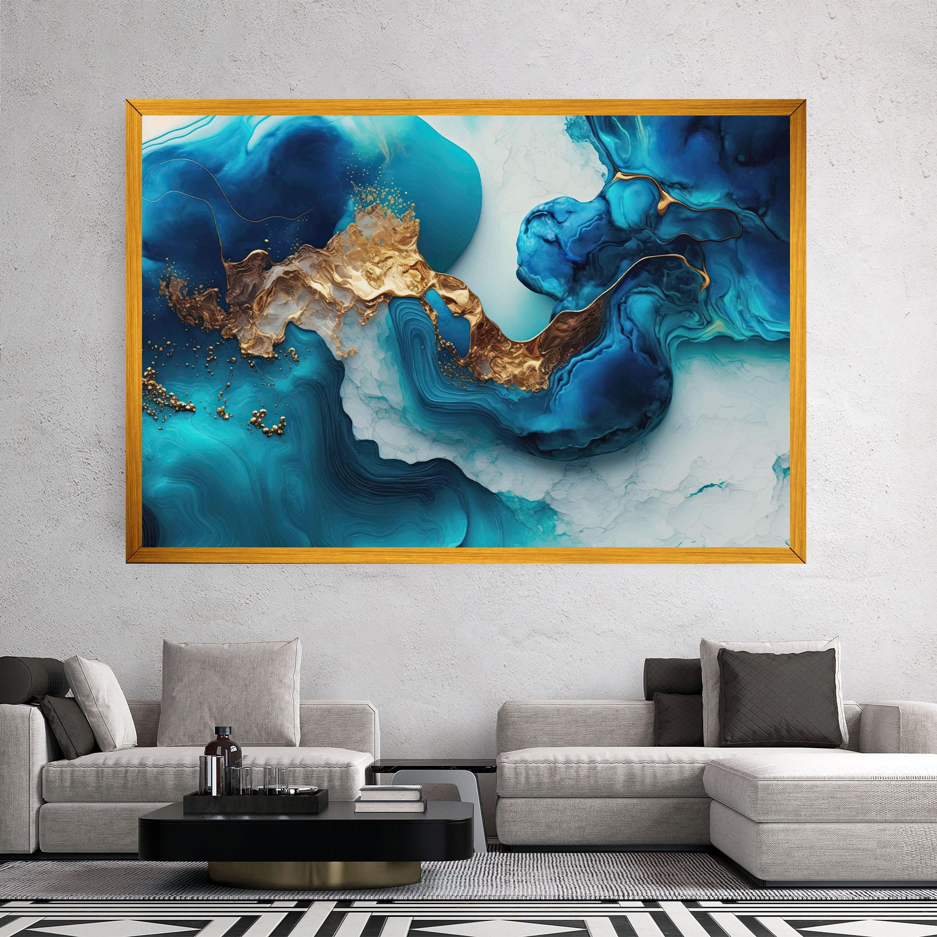 Leinwandbild Gold Blue Art Wave mockup 2