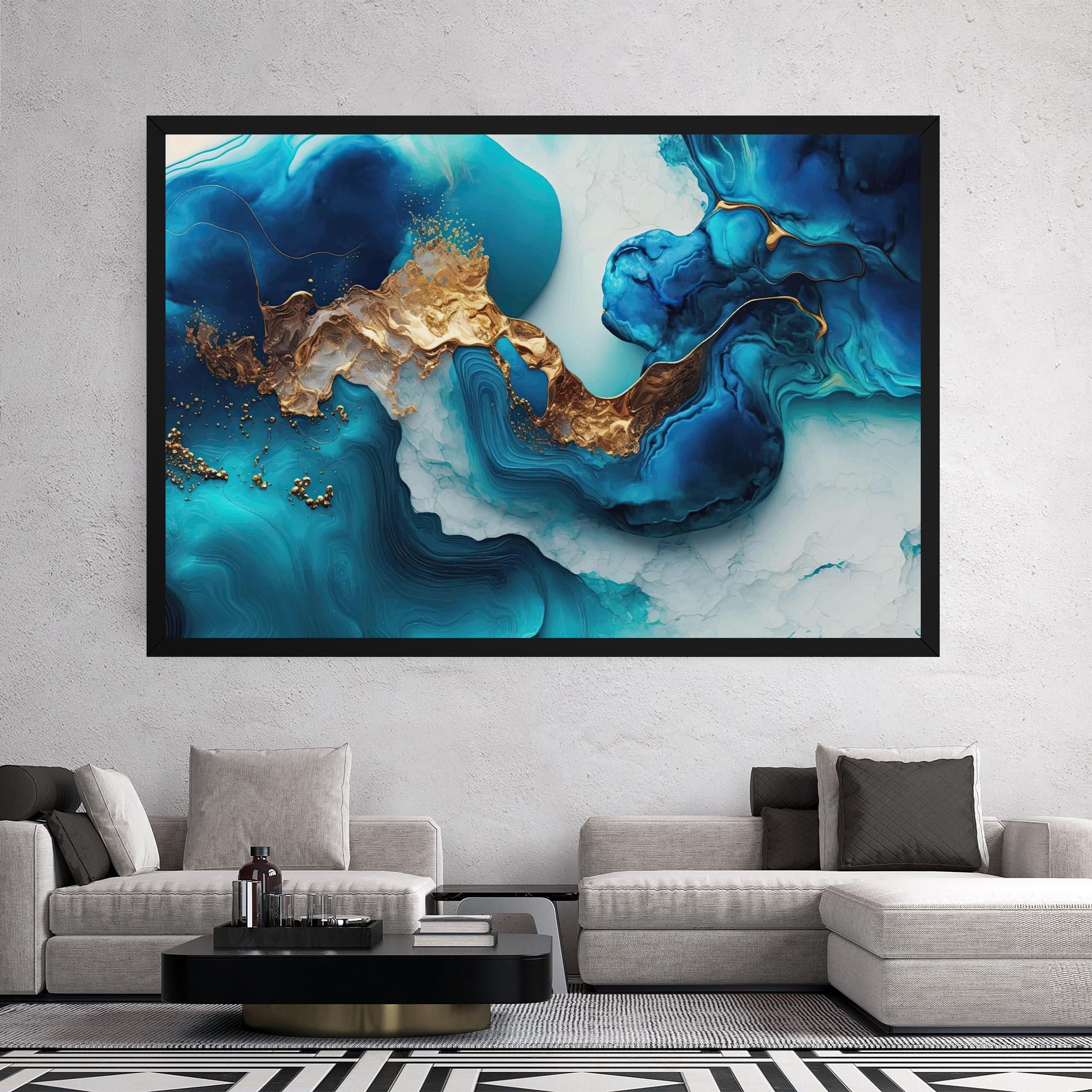 Leinwandbild Gold Blue Art Wave mockup 2