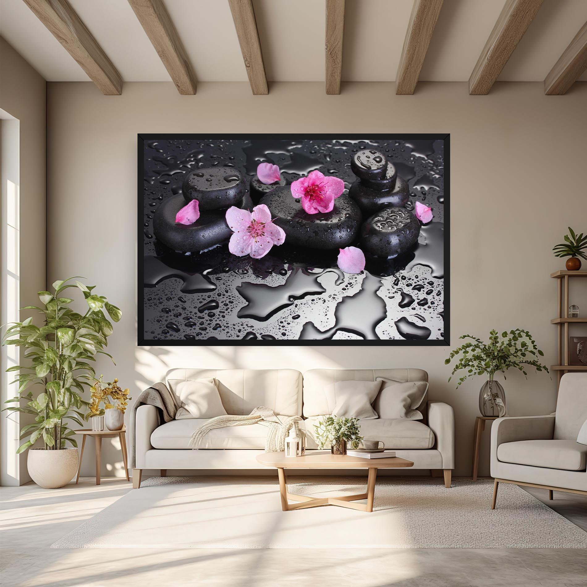 Leinwandbild Pink Flowers Stones mockup 6
