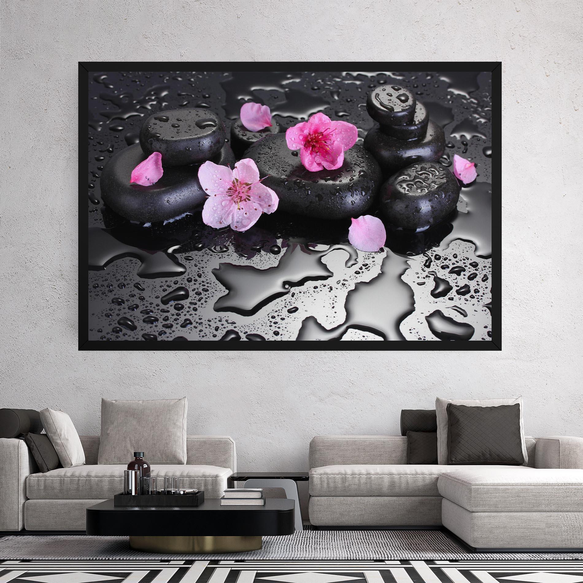 Leinwandbild Pink Flowers Stones mockup 2