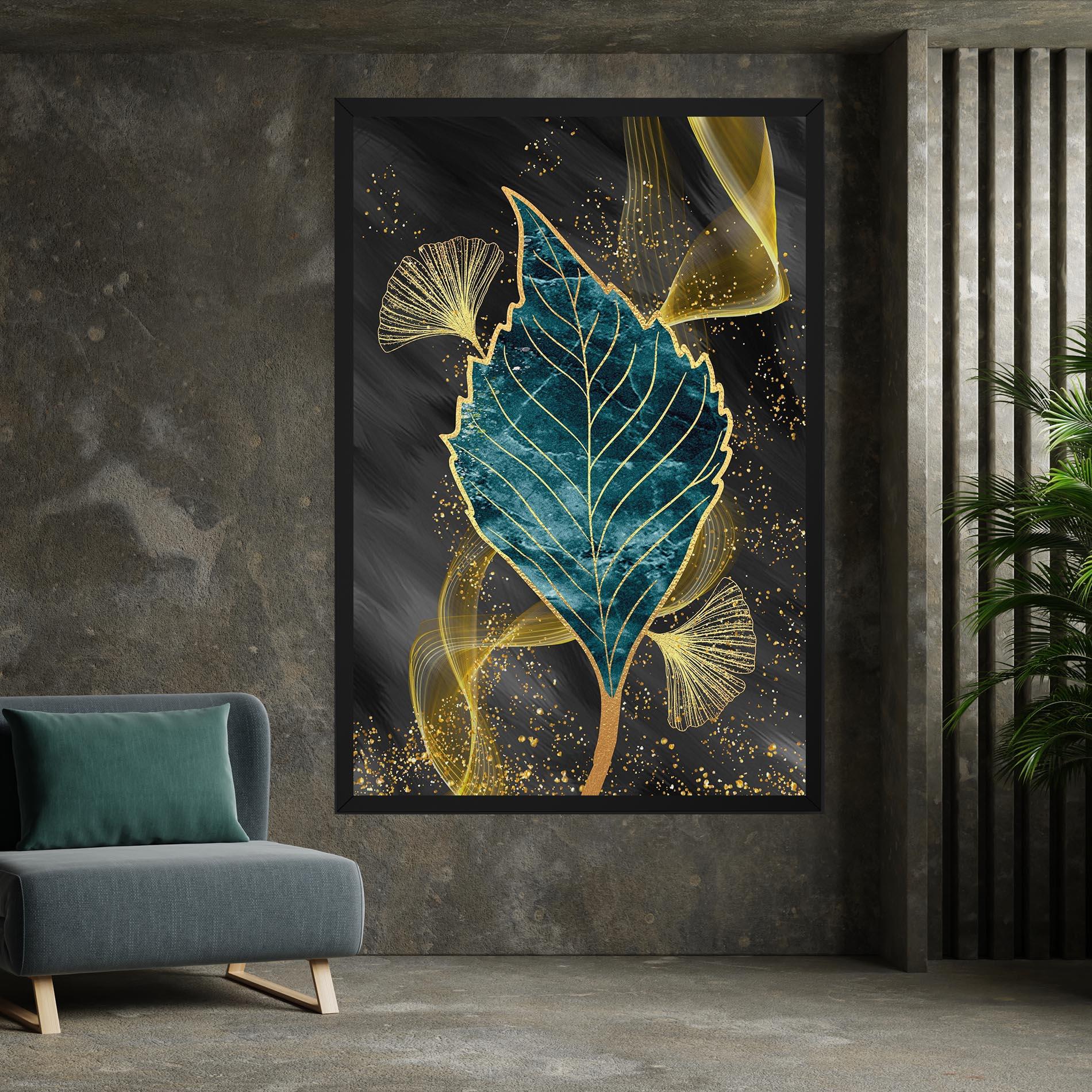 Leinwandbild Golden Leaves Blue mockup 7