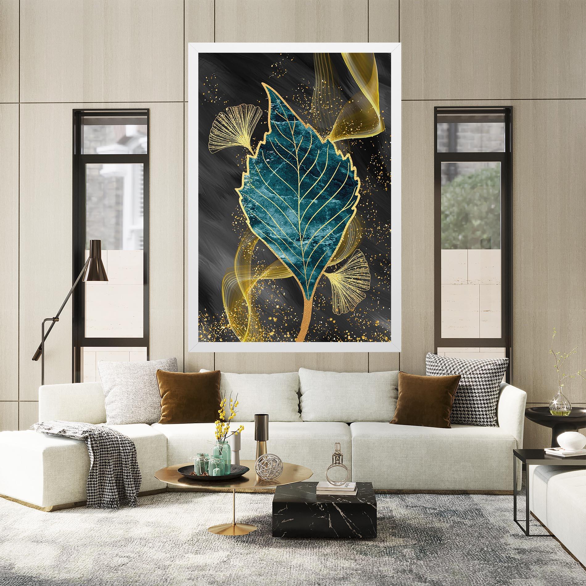 Leinwandbild Golden Leaves Blue mockup 2