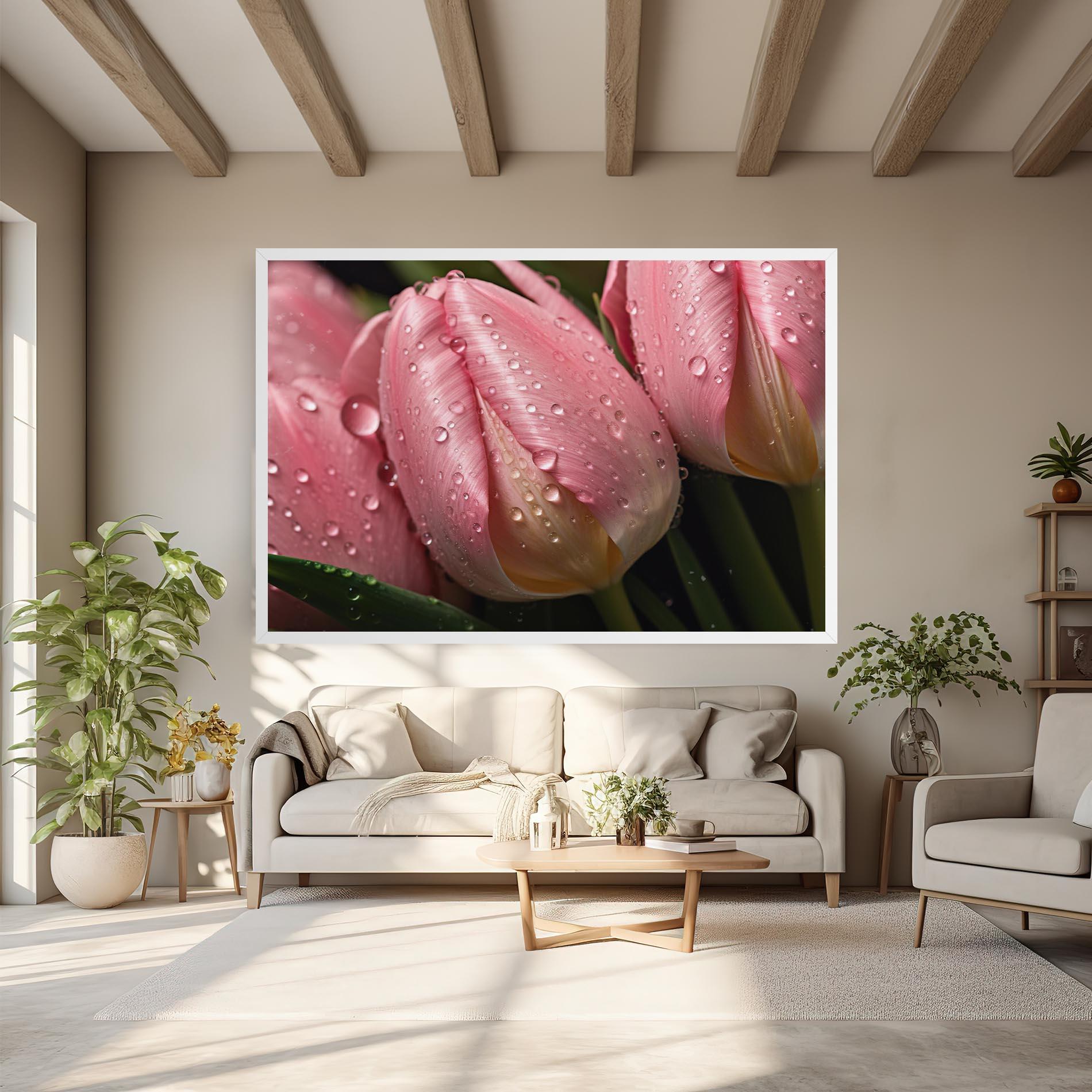 Leinwandbild Pink Tulip With Drops mockup 6