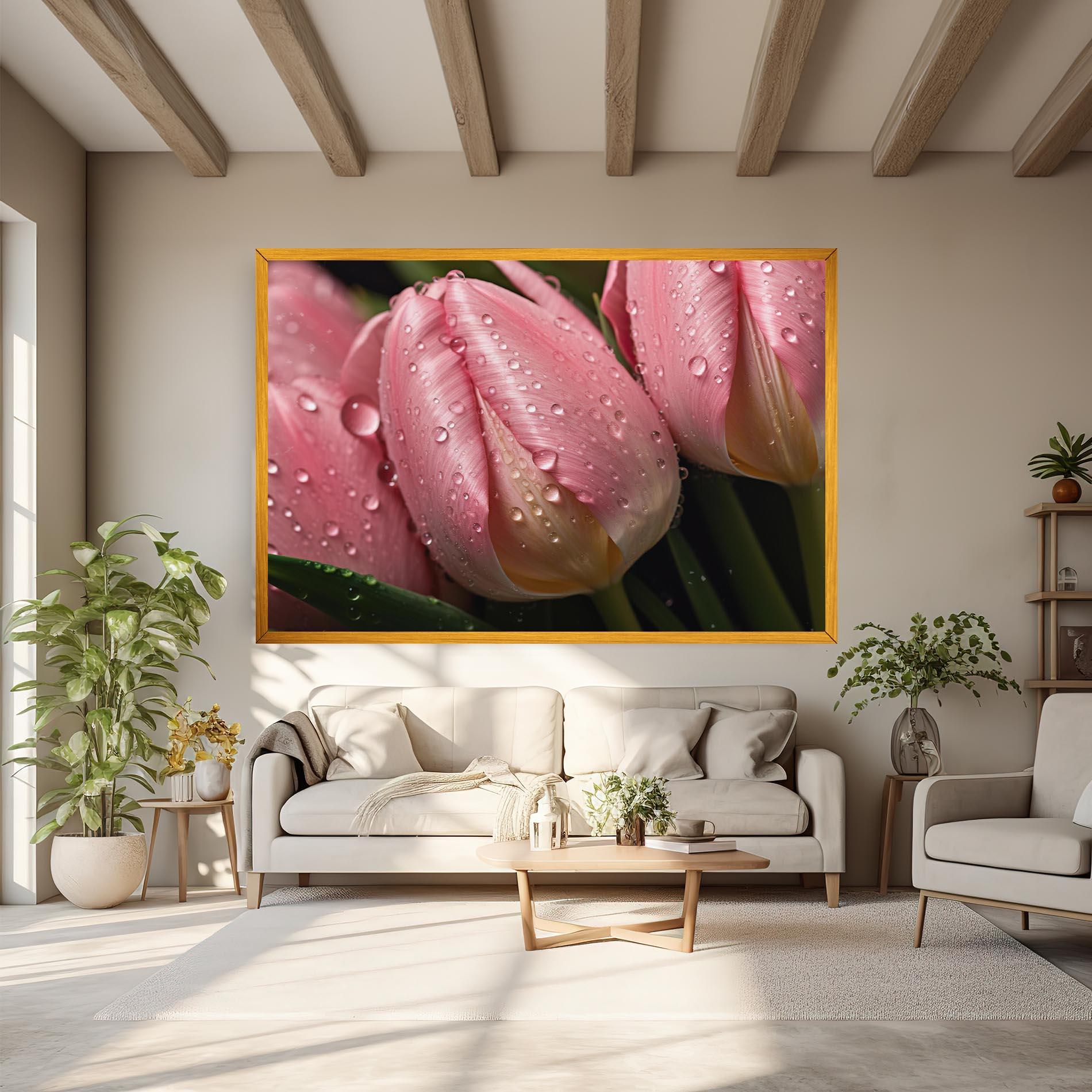 Leinwandbild Pink Tulip With Drops mockup 6