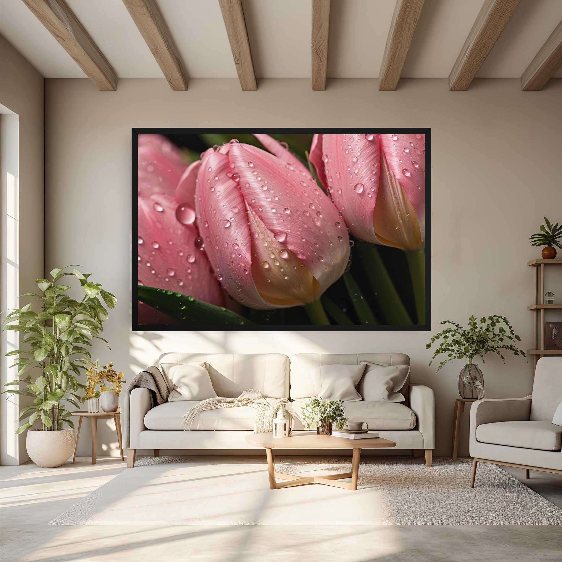 Leinwandbild Pink Tulip With Drops mockup 6