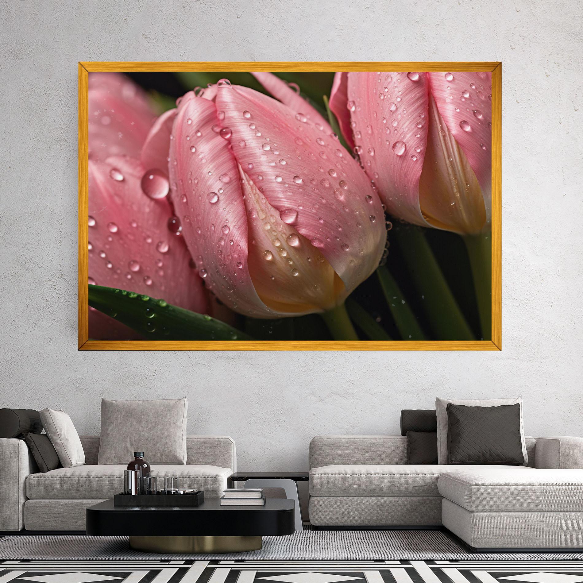 Leinwandbild Pink Tulip With Drops mockup 2