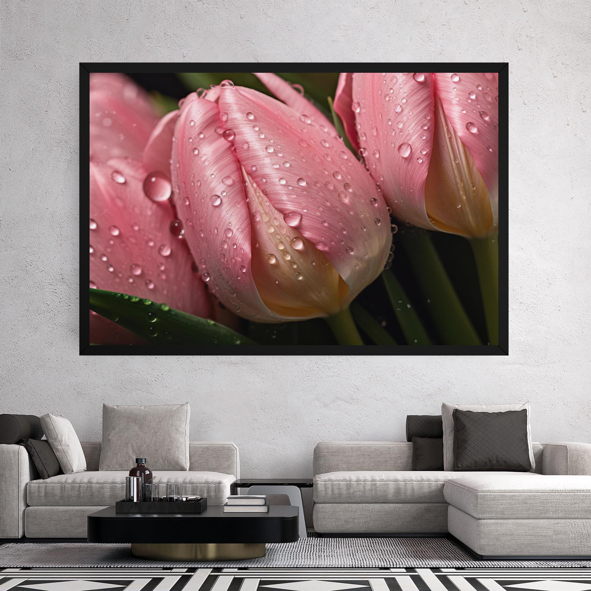 Leinwandbild Pink Tulip With Drops mockup 2