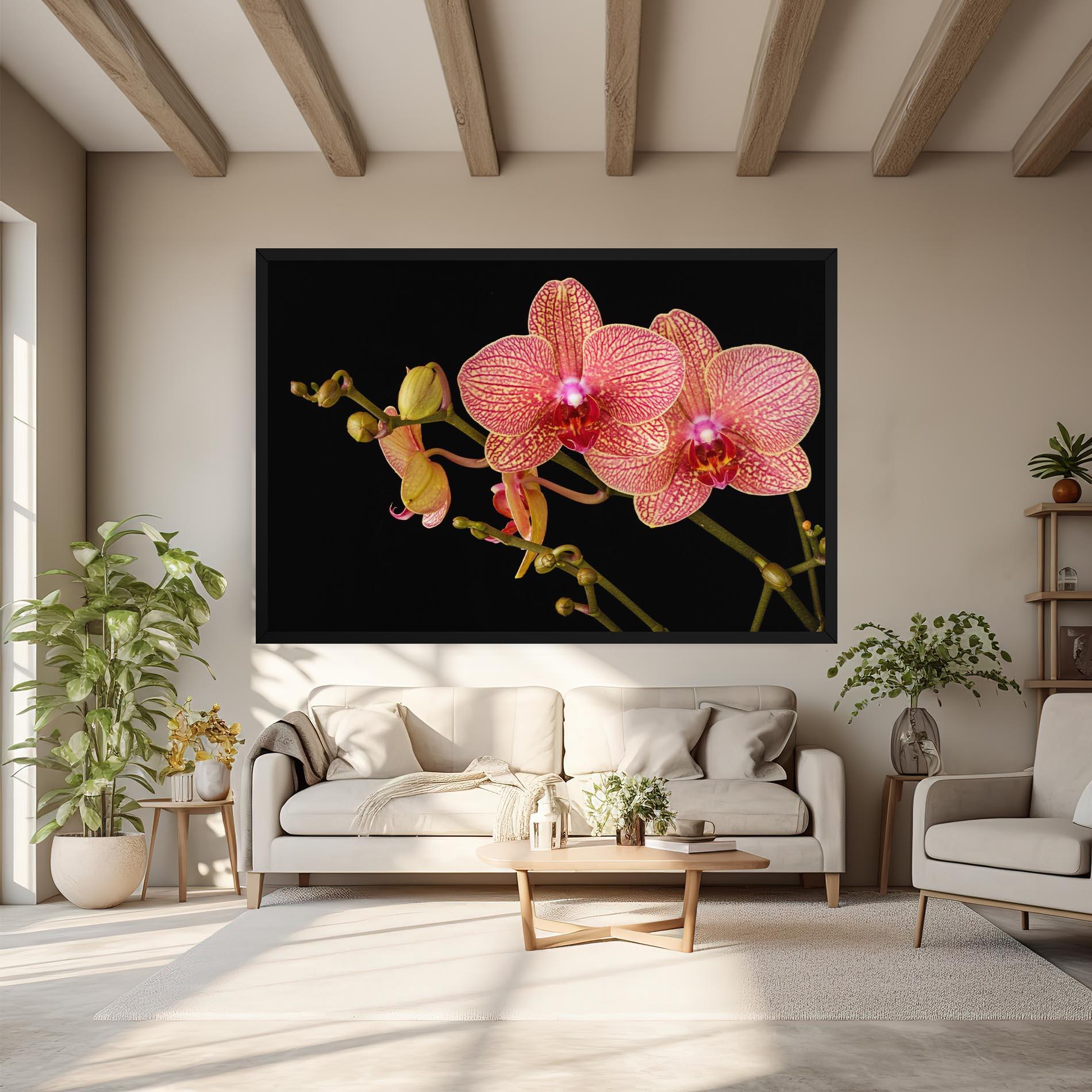 Leinwandbild Pink Orchids On Black mockup 6