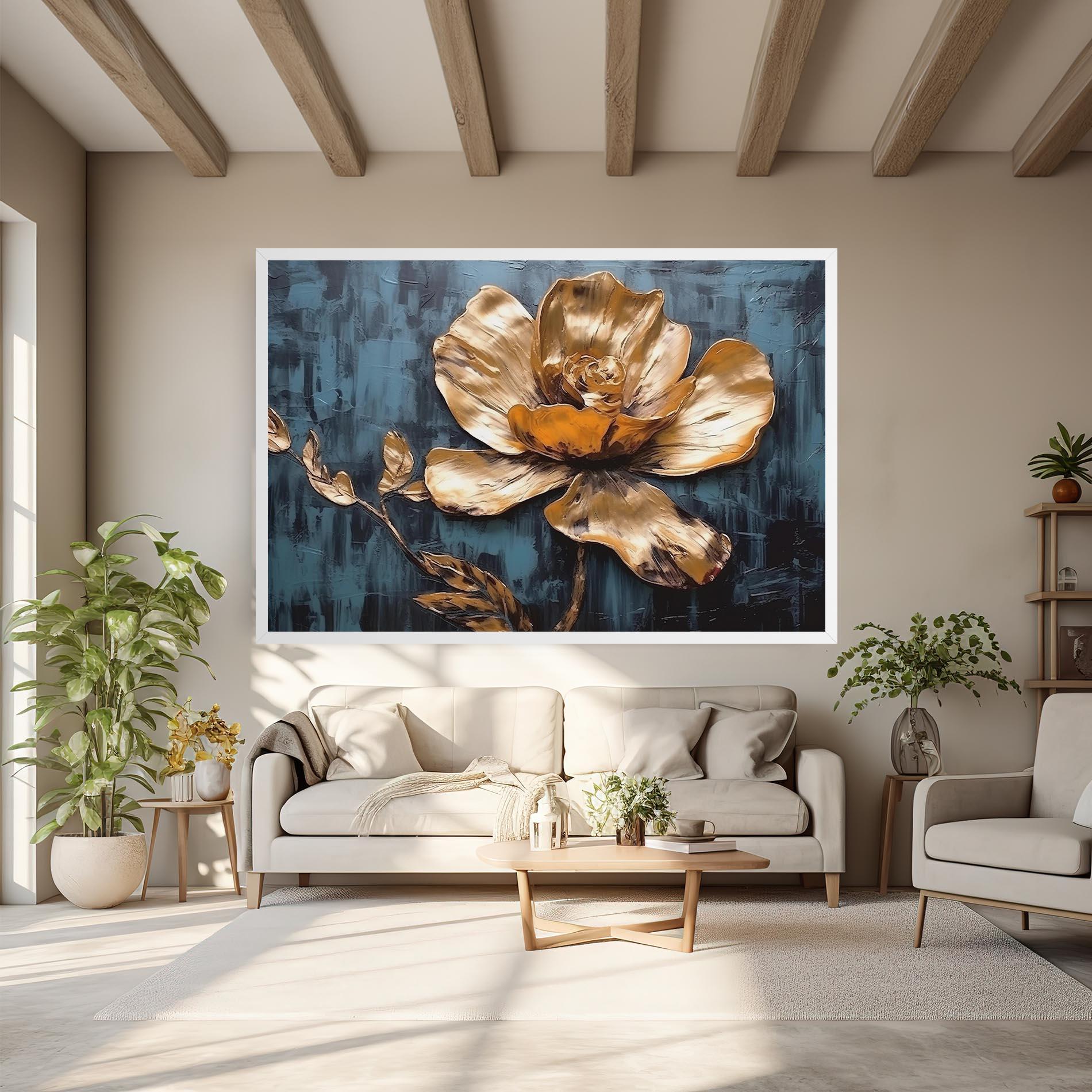 Leinwandbild Golden Rose On Blue mockup 6