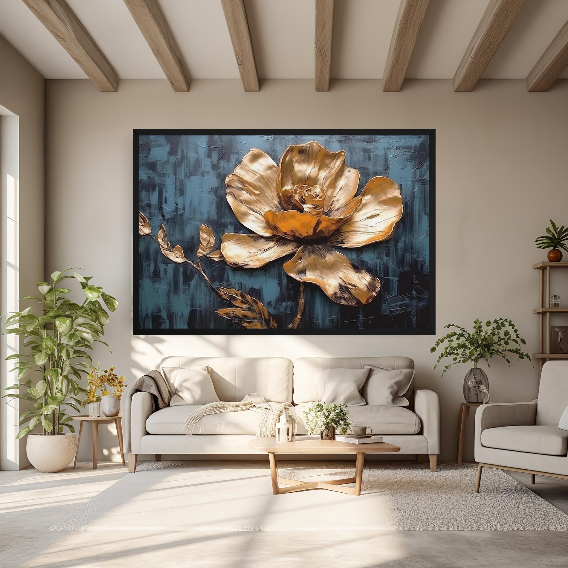 Leinwandbild Golden Rose On Blue mockup 6
