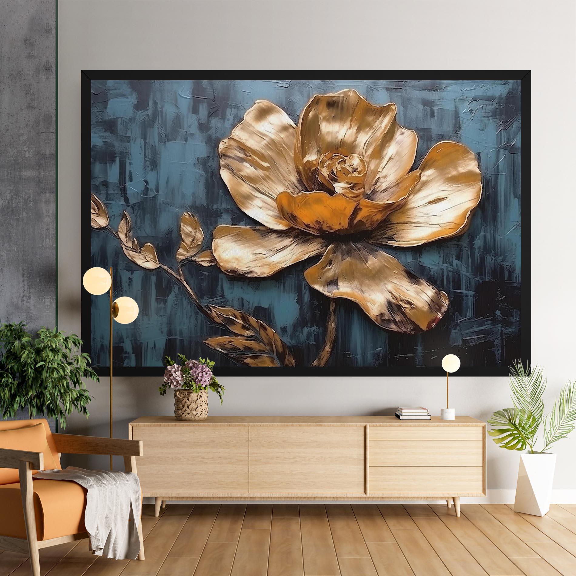 Leinwandbild Golden Rose On Blue mockup 9