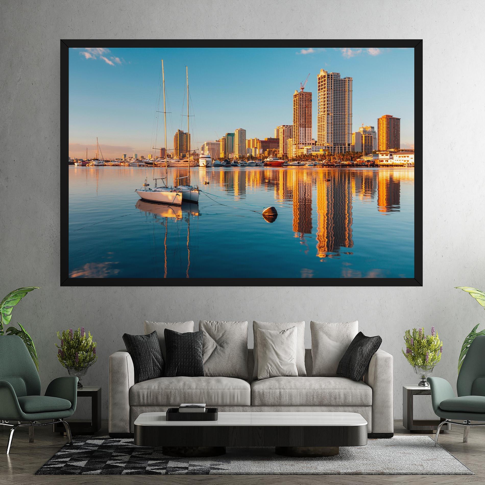 Leinwandbild Skyscrapers Water mockup 7