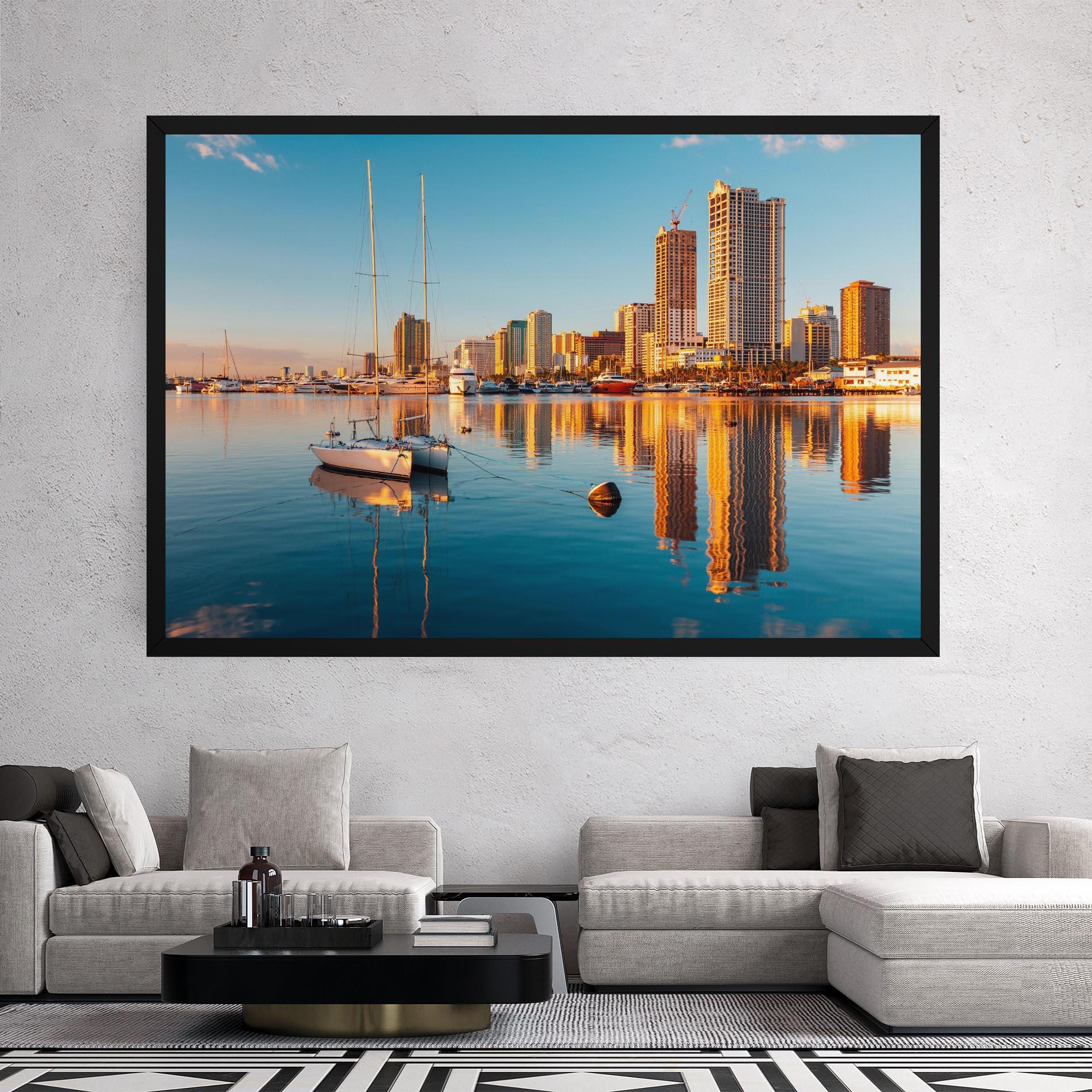 Leinwandbild Skyscrapers Water mockup 2