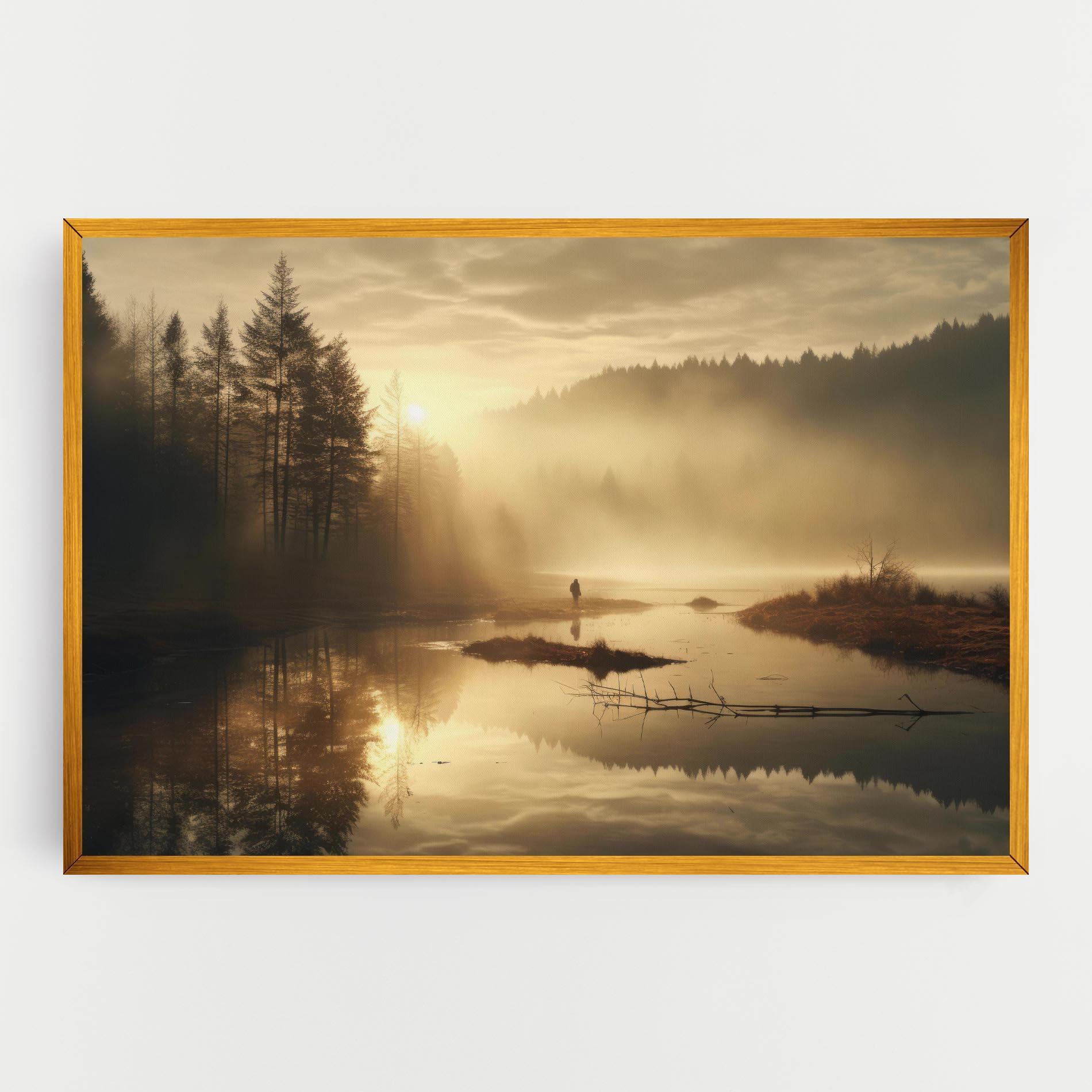 Leinwandbild The Sun Is Rising Over A River In A Foggy Forest mockup 0