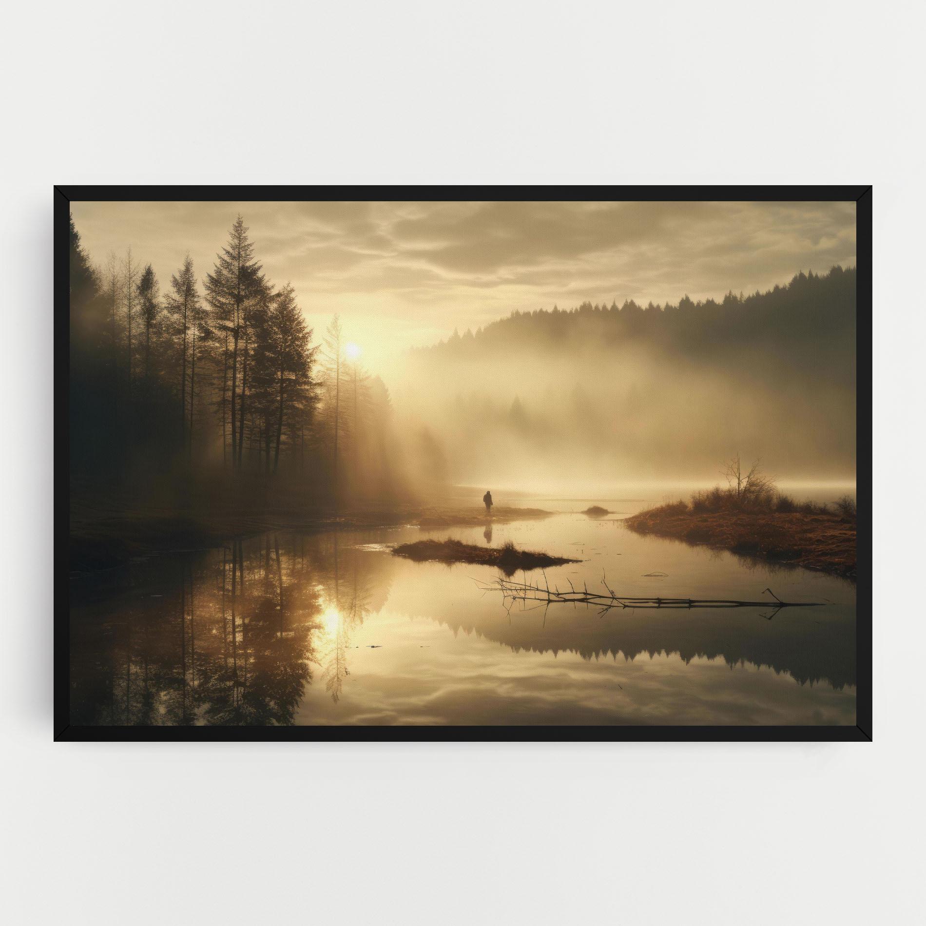 Leinwandbild The Sun Is Rising Over A River In A Foggy Forest mockup 0