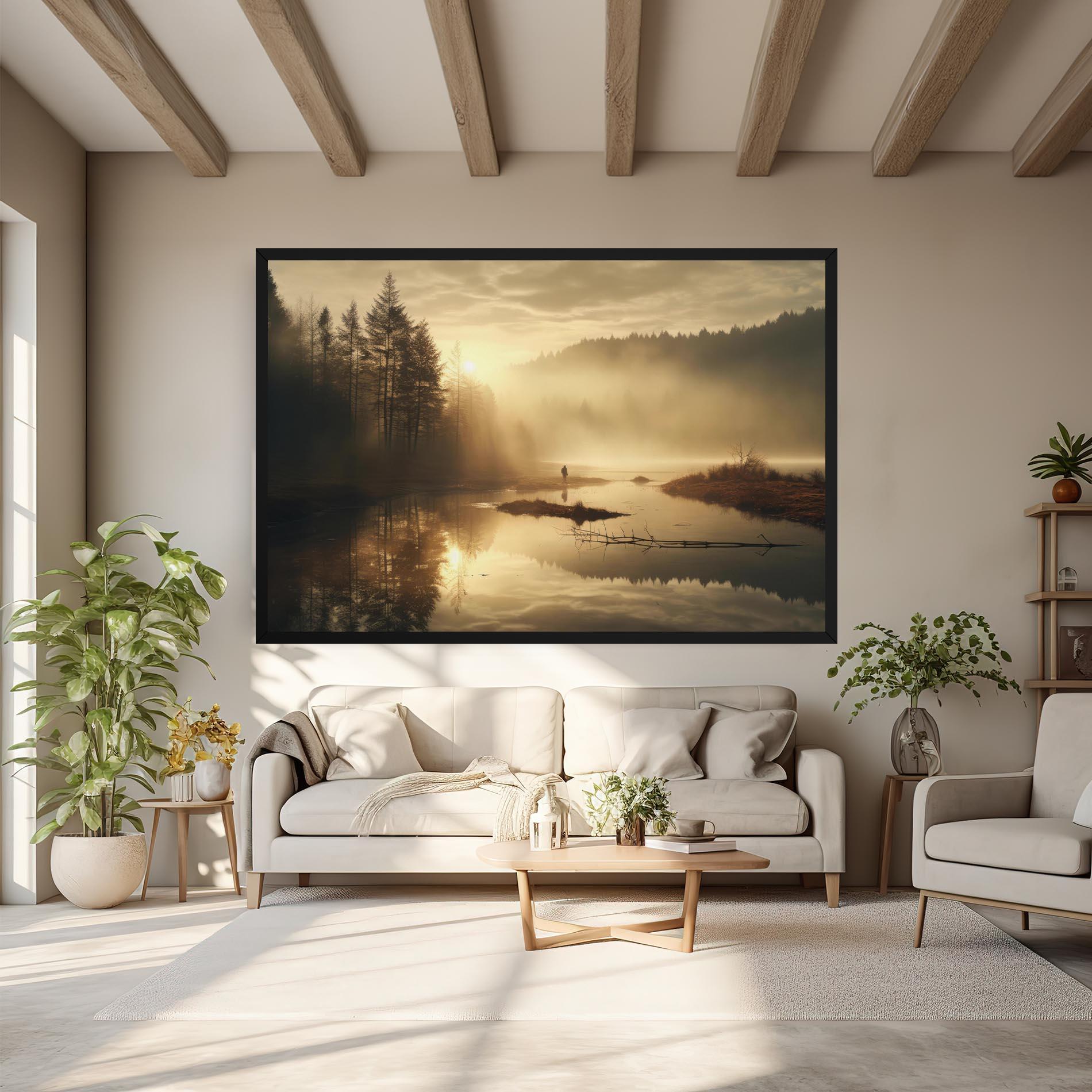 Leinwandbild The Sun Is Rising Over A River In A Foggy Forest mockup 6