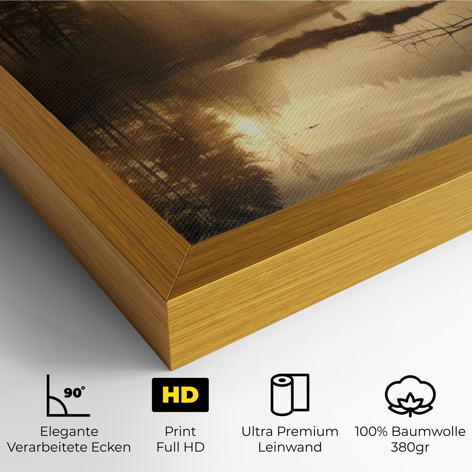 Leinwandbild The Sun Is Rising Over A River In A Foggy Forest mockup 4