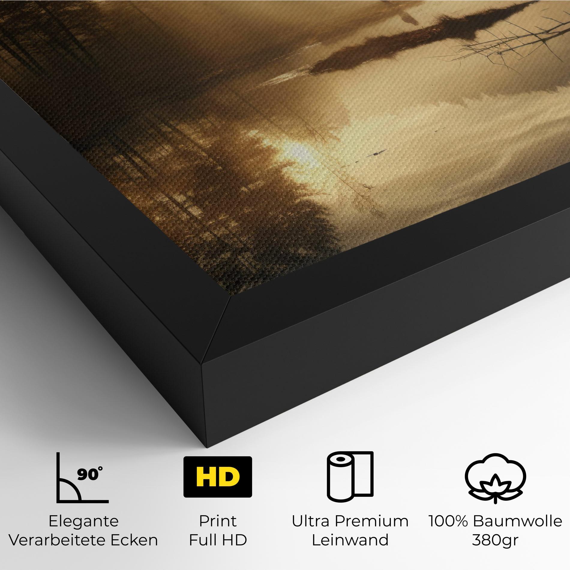 Leinwandbild The Sun Is Rising Over A River In A Foggy Forest mockup 4