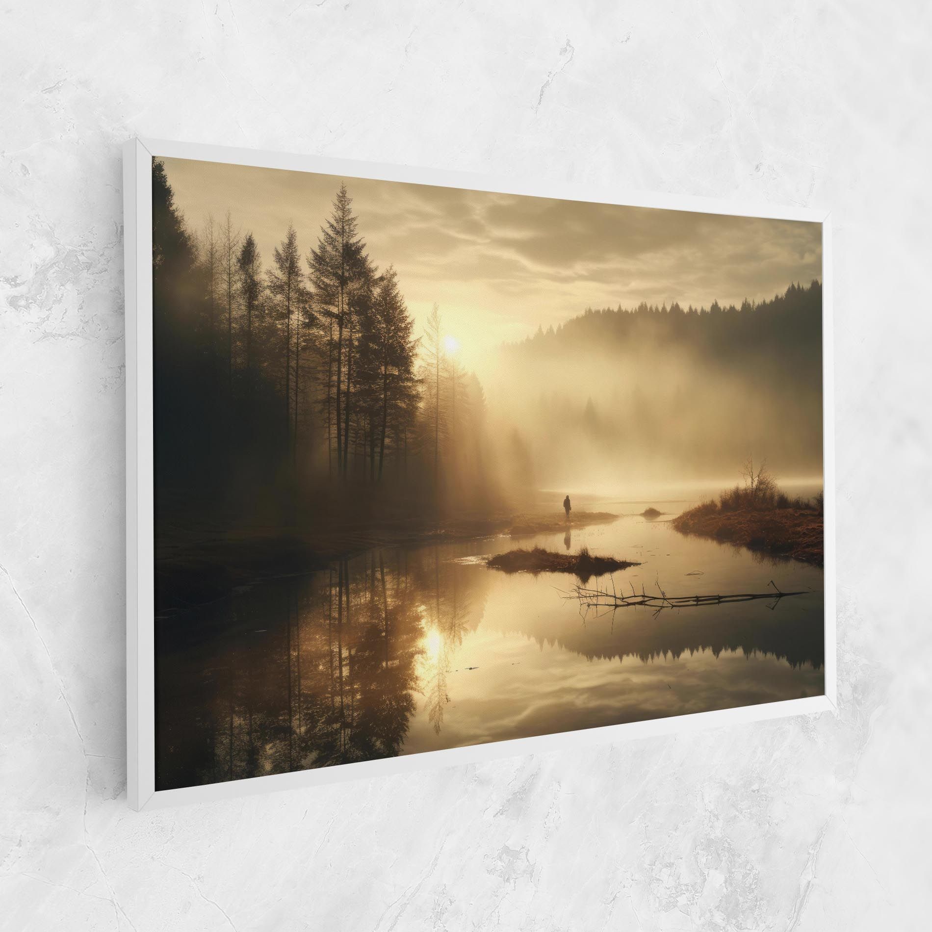 The Sun Is Rising Over A River In A Foggy Forest mockup 1